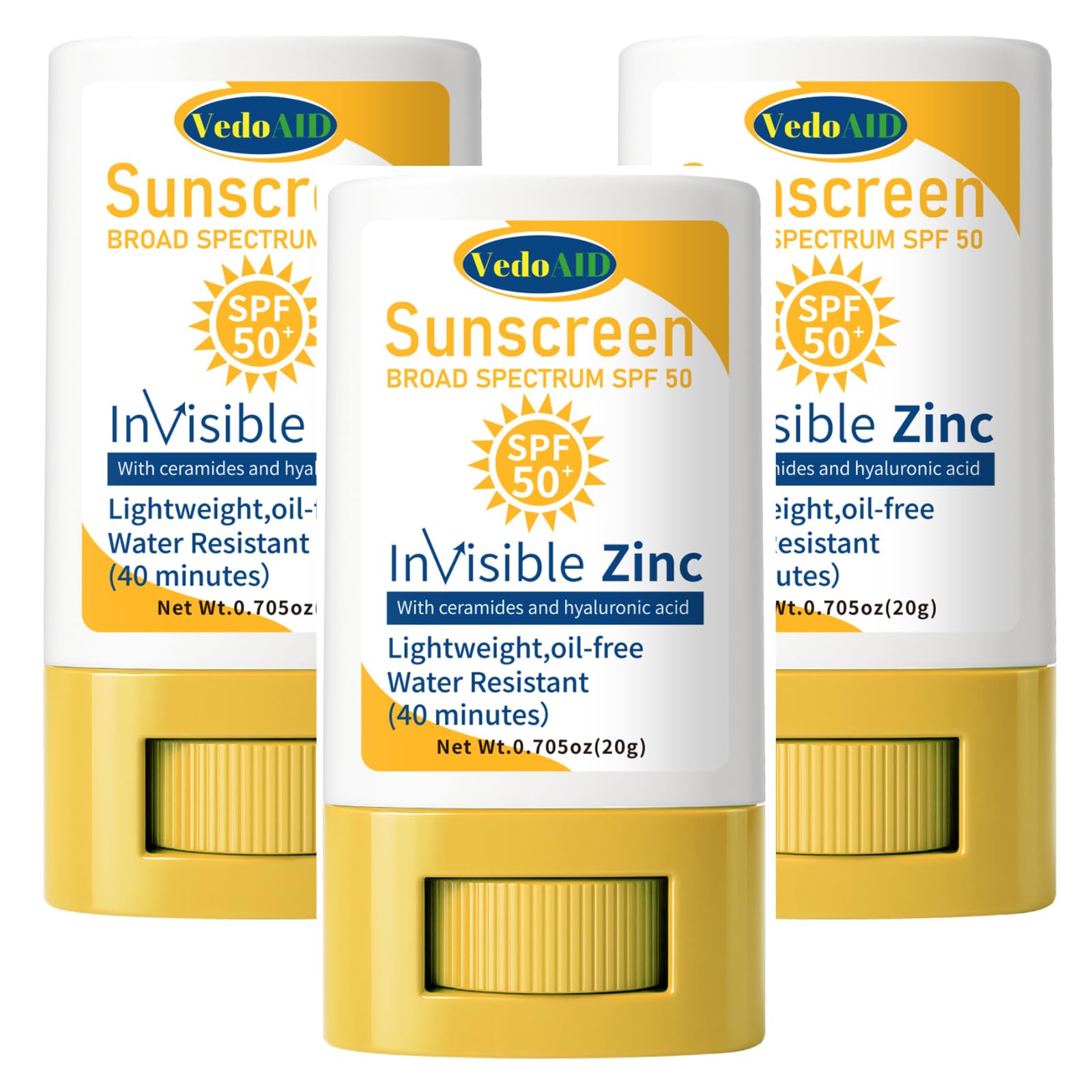 (3pc) VedoAID Invisible Zinc Sunscreen Stick, SPF 50 Broad Spectrum, Water Resistant, Hydrating with Vitamin E, Zinc Oxide, 0.70