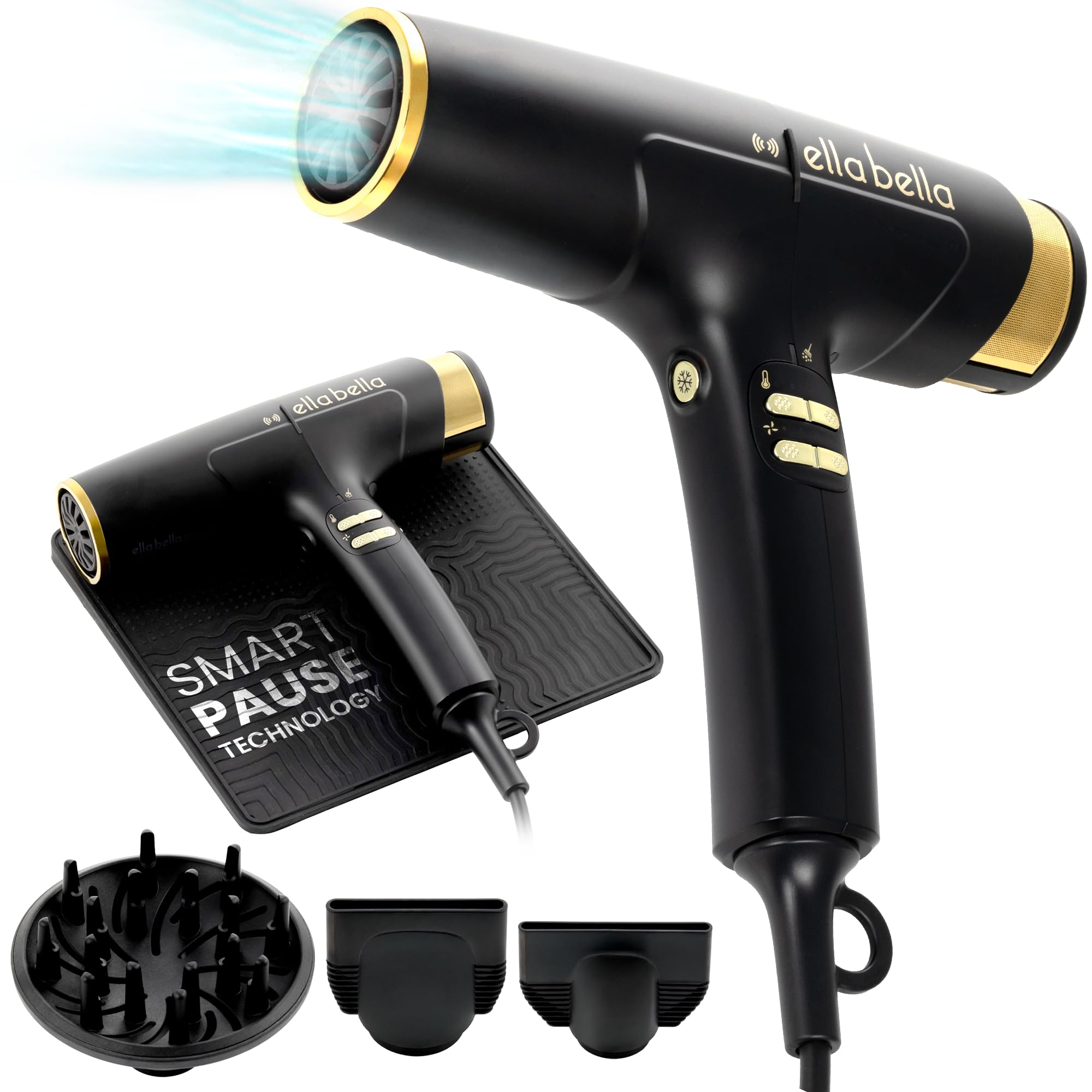 ELLA BELLA Professional Hair Dryer with Smart Mat  AutoPause Ionic Blow Dryer for Fast Drying & Frizz Control  1600W, Diffuse