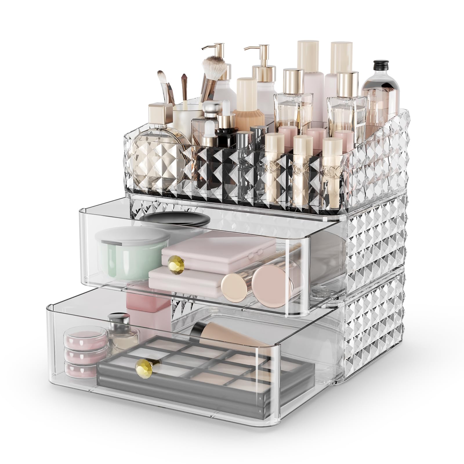 Rosoenvi Makeup Organizer for Vanity, Stackable Cosmetics Organizer and Storage, Cosmetic Display Cases with 2 Drawers and 1 Tra