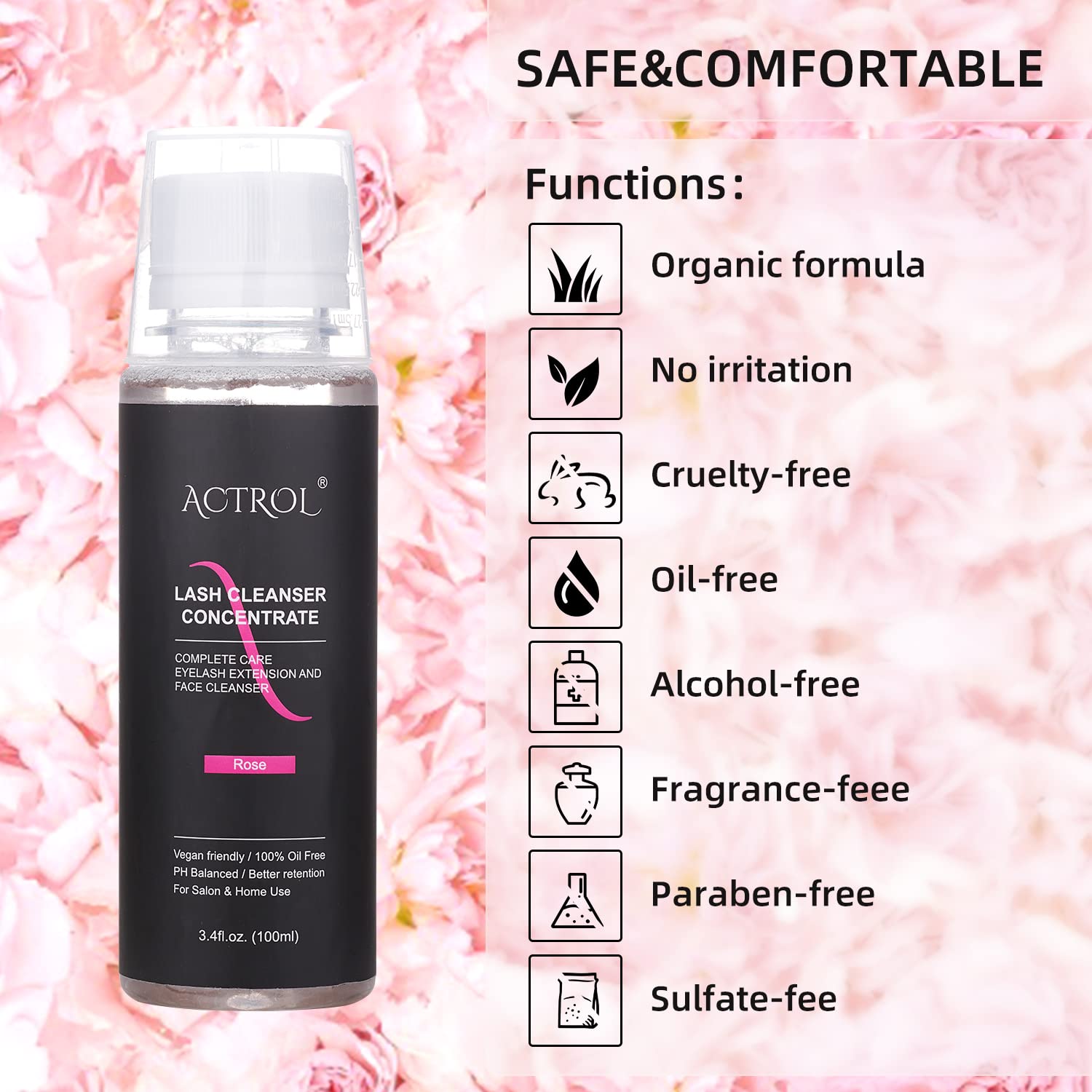 Actrol Eyelash Cleanser Concentrate 100Ml Rose Professional Lash Shampoo Foaming Cleanser Paraben & Sulfate Free Non-Lrritating