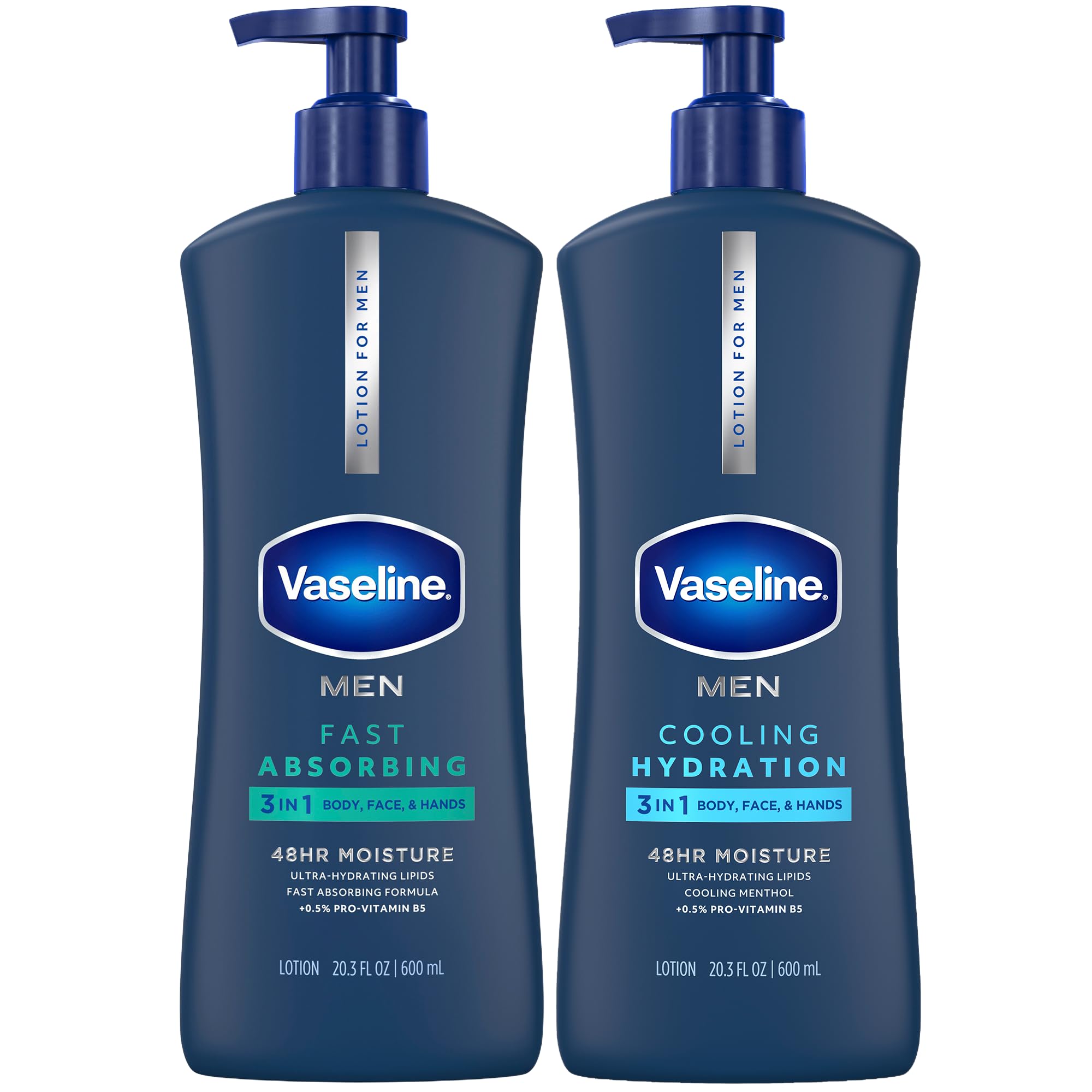 Vaseline 3in1 Lotion for Men Variety 2Pack (Cooling Hydration + Fast Absorbing)  Face, Hands, & Body Lotion for Extremely Dr