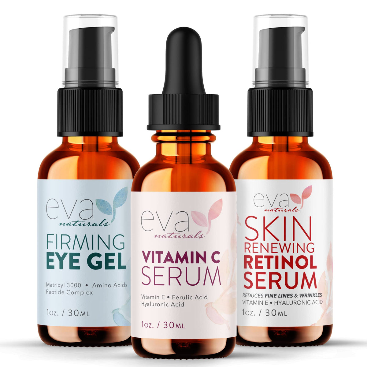 Eva Naturals Facelift in a Bottle - 3-in-1 Anti-Aging Set with Retinol Serum, Vitamin C Serum and Eye Gel - Formulated to Reduce