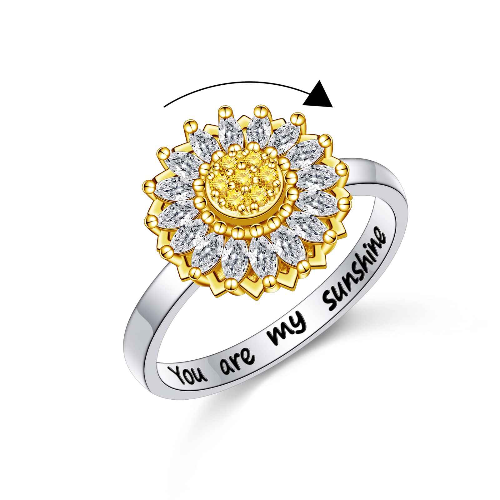 S925 Sterling Silver Anxiety Fidget Spinner Rings for Women Sunflower You are My Sunshine Stress Relieving Boredom Jewelry Gifts