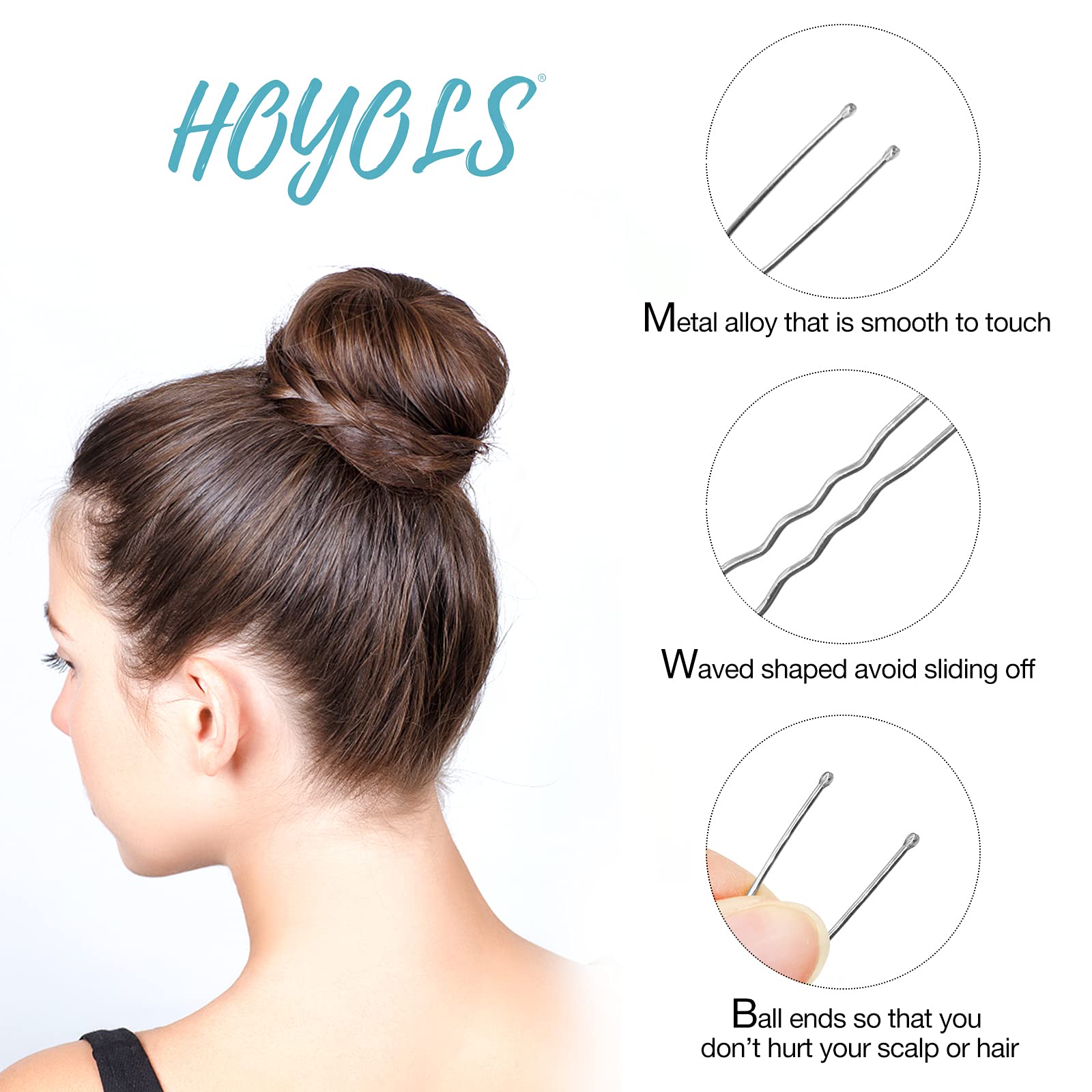 HOYOLS U Shaped Hair Pins Silver, U Shape Bobby Pins Metal Curved Curly Waved Bun Clips Hairpin for Buns Women Girls Grips Hairs