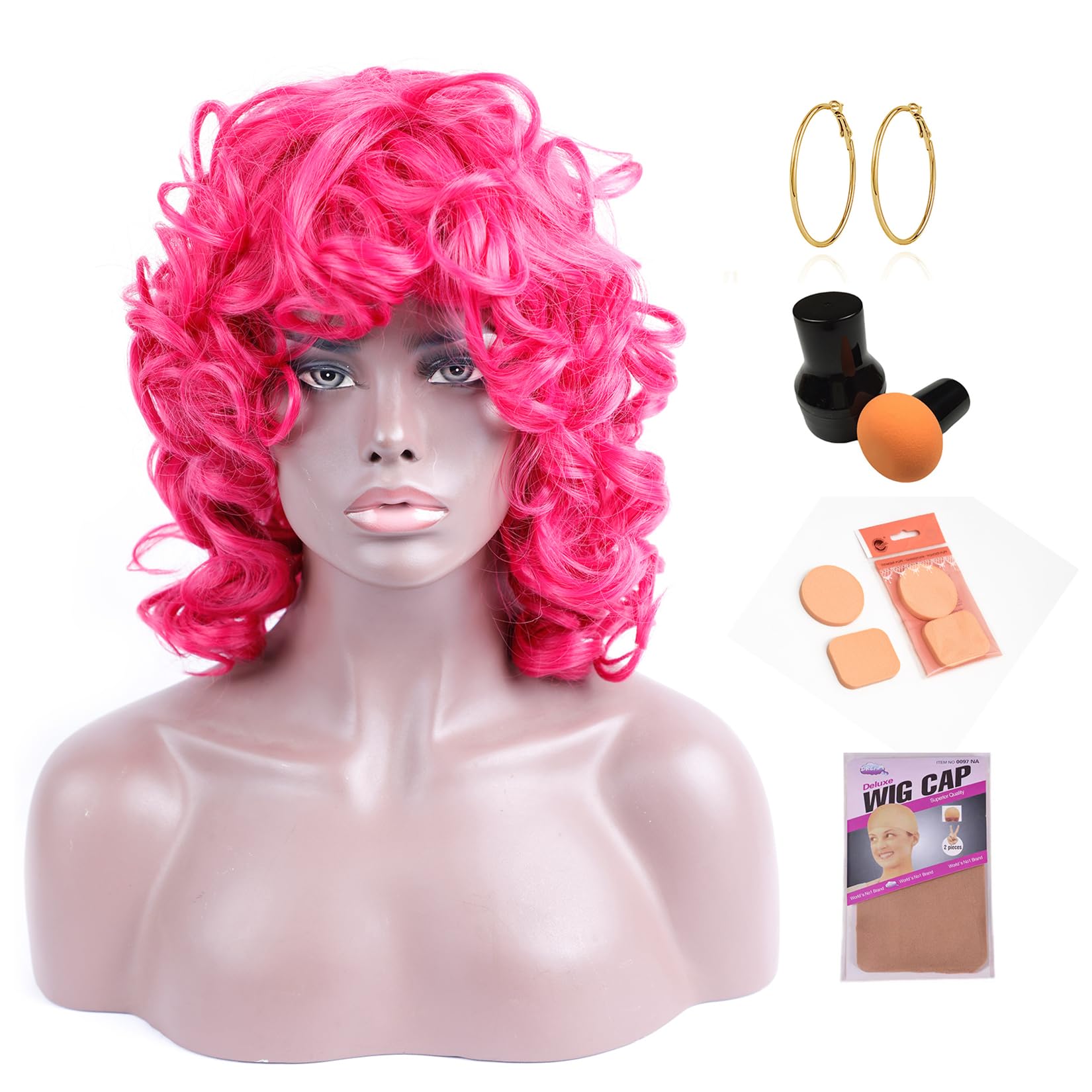 Kavsni Hot Pink Curly Wig For Black Women Soft Short Curly Wig With Bangs For American Women Wigs(Large Earrings+Makeup Sponge+W