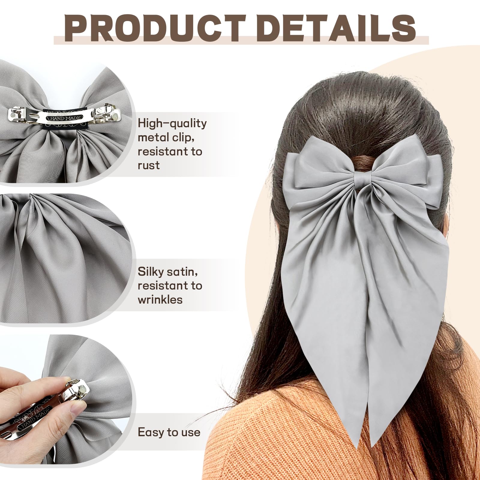 Cinaci 4 Pieces Large Big Oversized Satin Chiffon Hair Bows With Long Tail French Barrettes Hair Clips Accessories For Women Gir