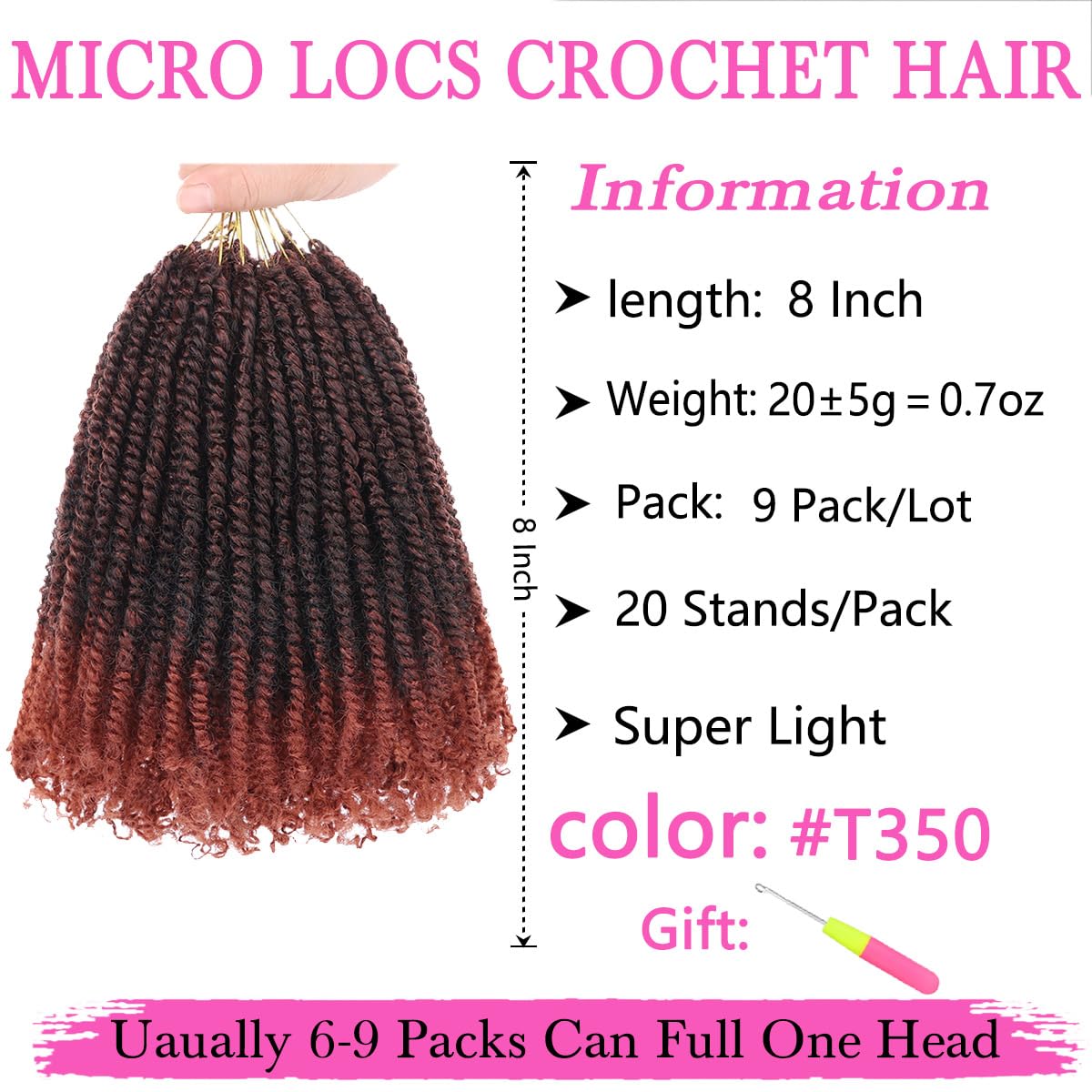 Cookoo 9 Packs Pre-Looped Micro Twist Crochet Braids Hair 8 Inch Ombre Pre-Twisted Mini Passion Twist Hair Mini Havana Twist Cro