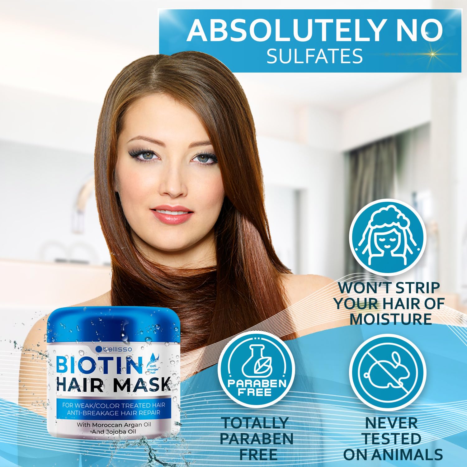 BELLISSO Biotin Hair Mask - 8.45 Fl Oz, Deep Conditioner for Dry Hair, Hydrating Repair Treatment, Sulfate & Paraben Free