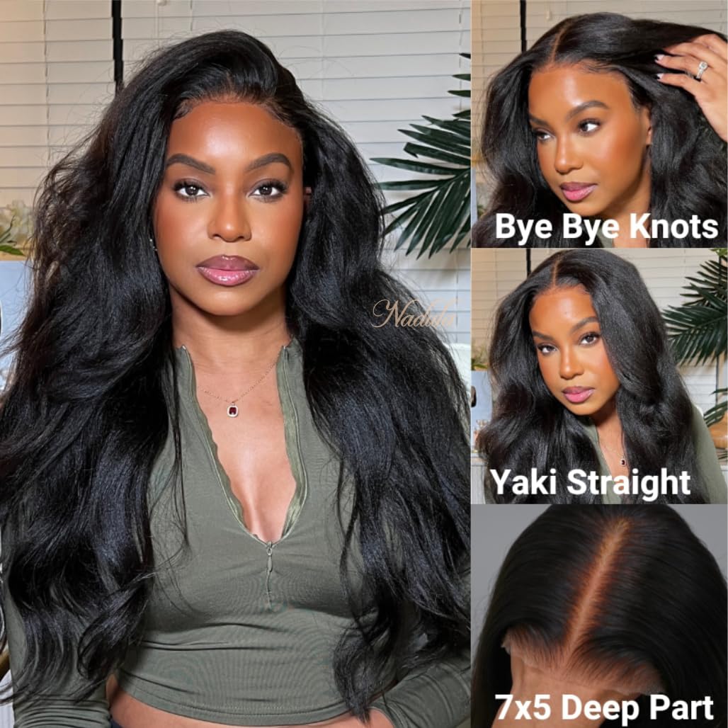 Nadula Glueless 7x5 HD Lace Front Wig - Yaki Straight Human Hair, 14 Inch, 180% Density, Pre Plucked, No Glue, Bye Bye Knots