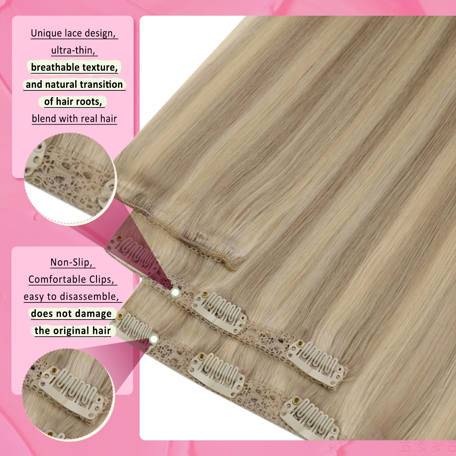 YoungSee 135G Clip in Human Hair Extension Blonde Highlight Clip in Real Hair Extensions Dark Ash Blonde Highlights Golden Blond