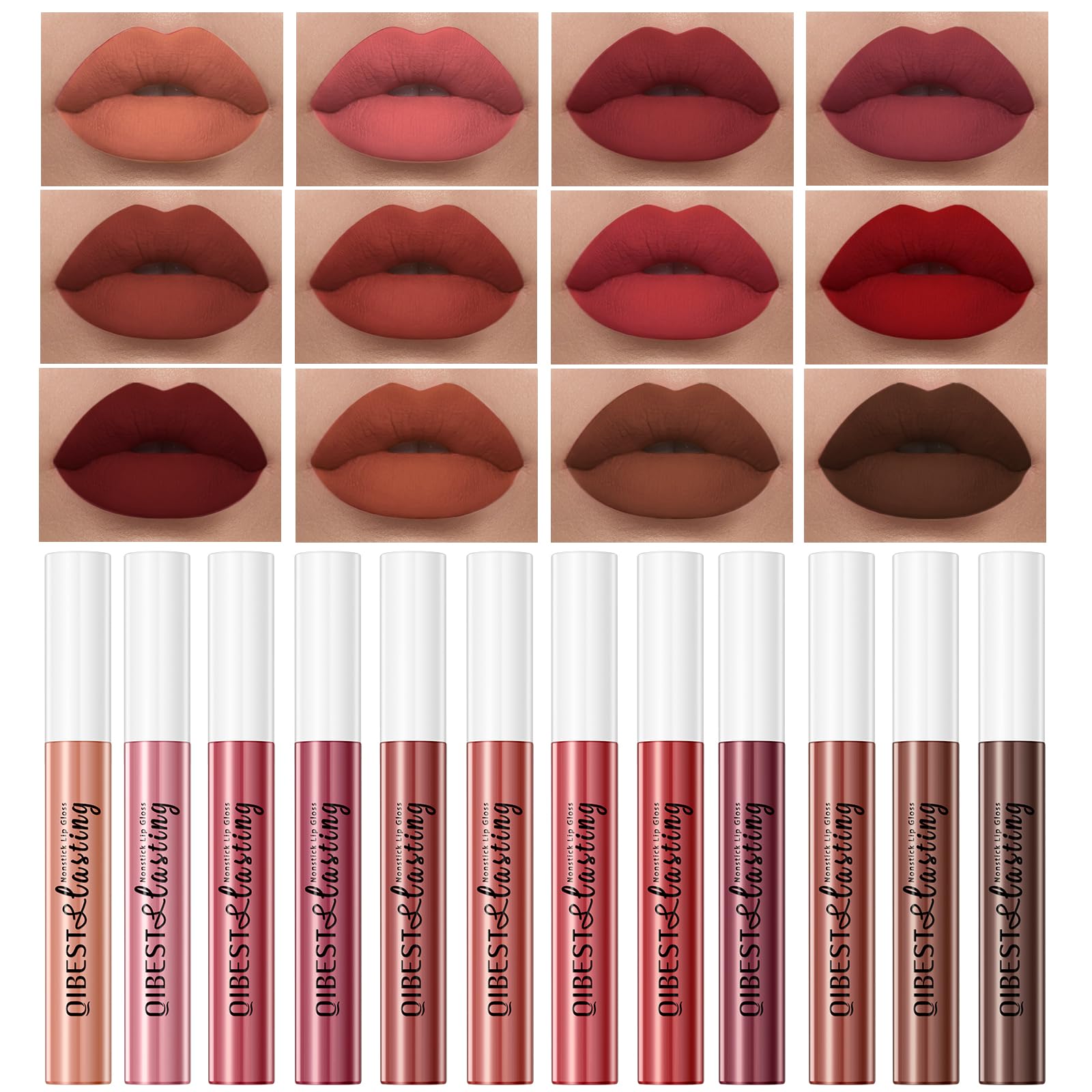 Qibest 12Pcs Velvet Matte Liquid Lipstick Makeup Sets For Women & Teens Gift, Waterproof Long Wear 24 Hours Nudes Burgundy Red B
