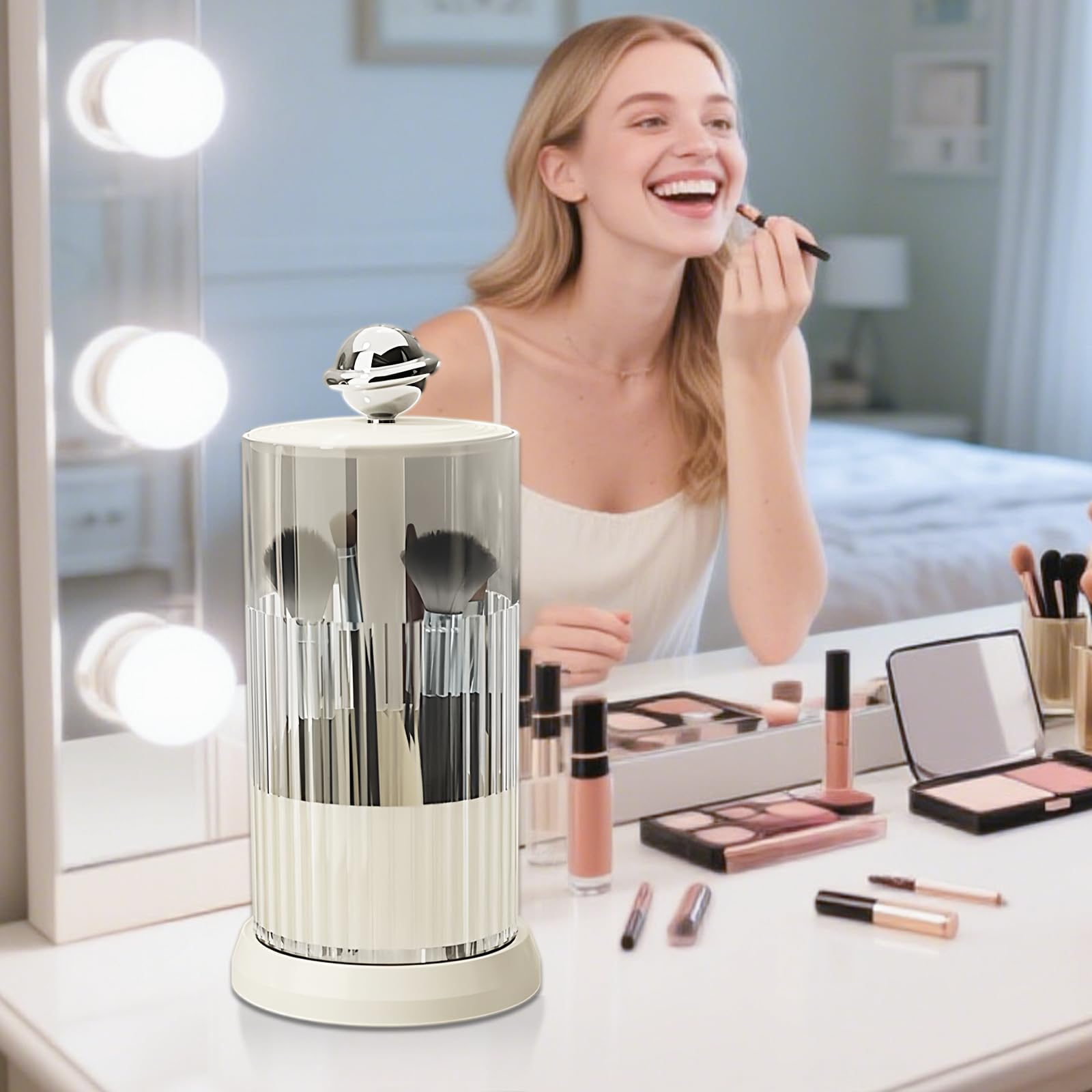 Makeup Brush Holder with Lid,One Touch Open 4 Slot Makeup Brush Case with Waterproof Dustproof, 360 Rotating Makeup Organizer fo