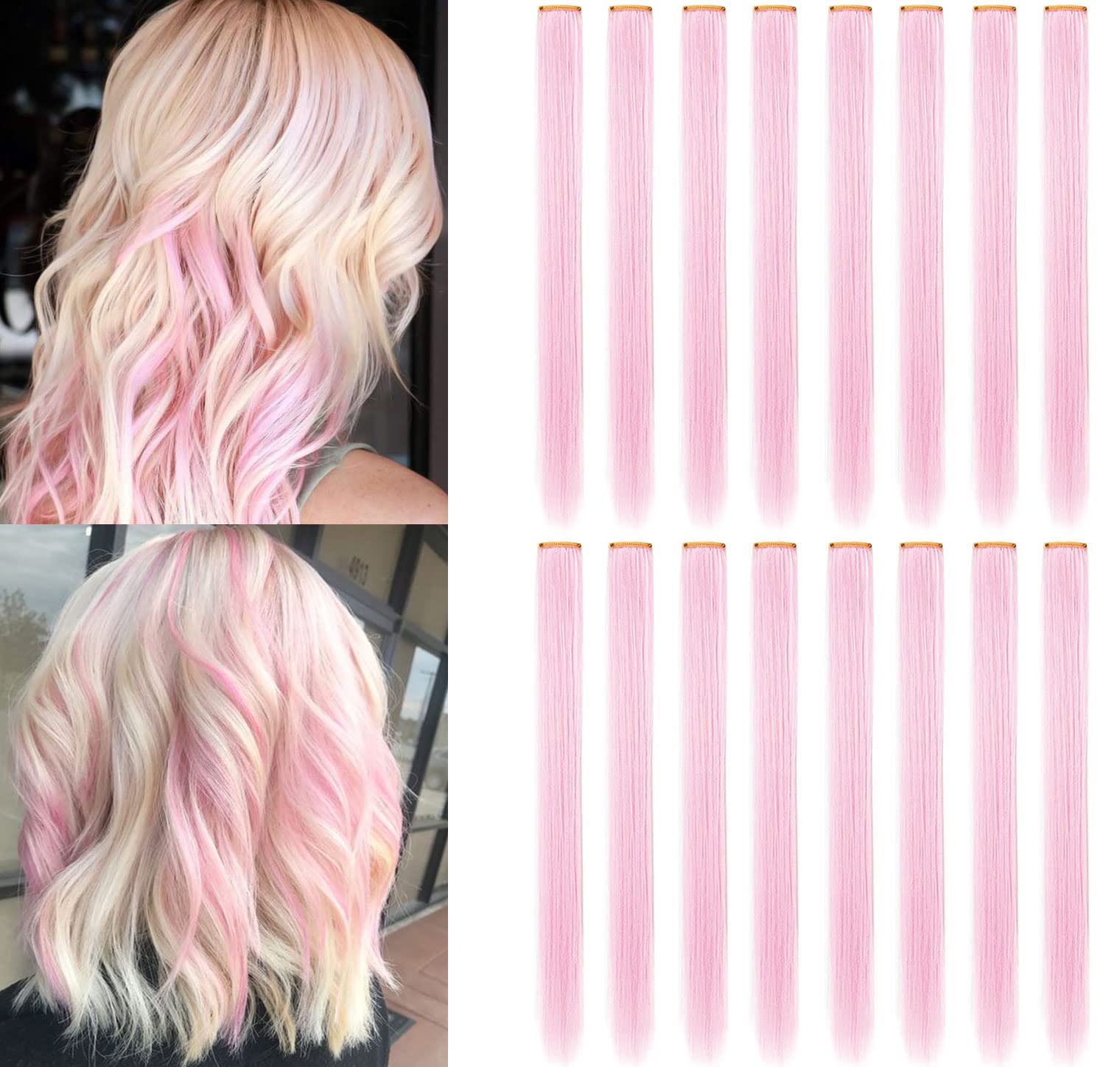 SARARHY 16 PCS Colored Hair Extensions Clip in Holiday Party Highlights 21 inch Straight Synthetic Pink Hairpieces for Girls Wom