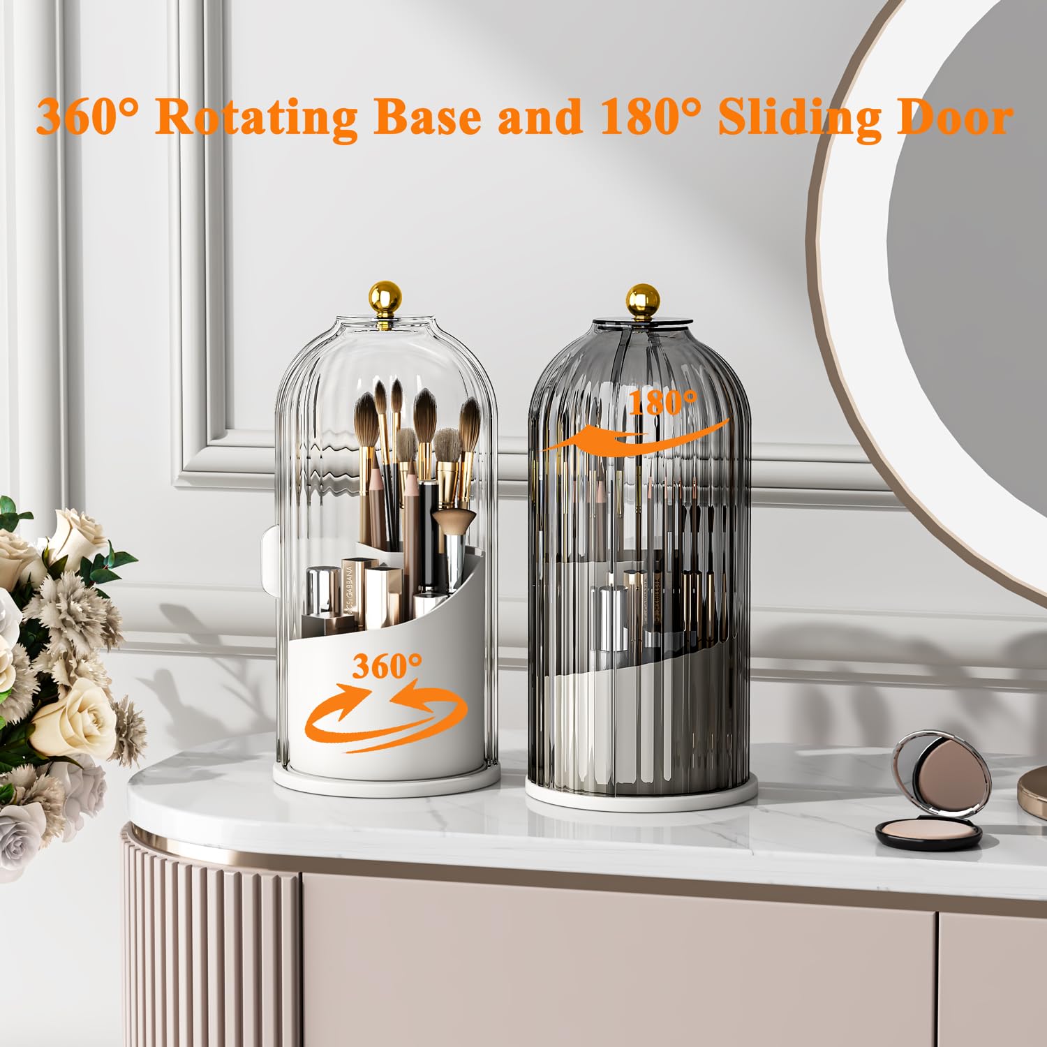 Zufudo Makeup Brush Holder Organizer With Lid 360 Rotating Makeup Organizer Countertop Dustproof Cosmetics Organizer For Vanity