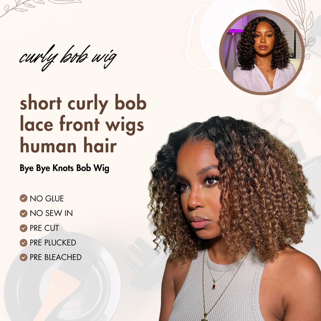 Beauty Forever 8 Inch Short Curly Bob Wig Human Hair Bye Bye Knots Glueless Wigs With Ombre Brown,Pre Plucked Pre Cut Hd Lace Re