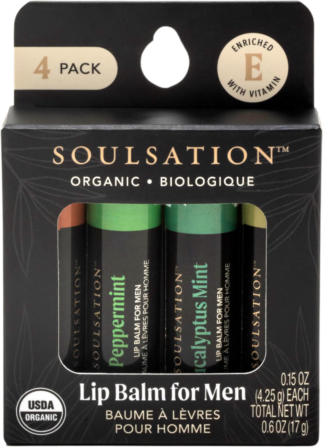 Soulsation Organic Lip Balm Set, 4 Flavors - For Men, Moisturizing For Cracked & Dry Lips