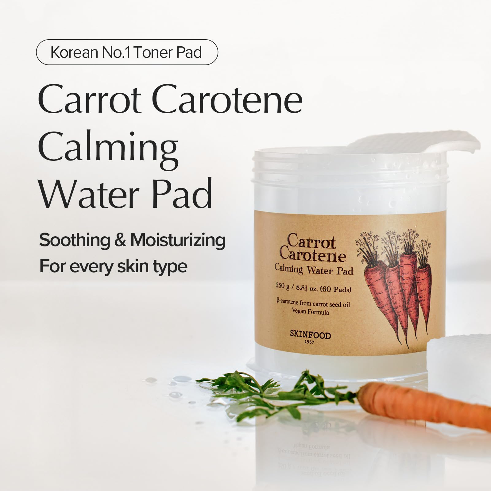 Skinfood Carrot Carotene Calming Water Pad 250G (8.81 Oz.) 60 Sheets- Redness Relief Soothing Facial Toner Pads For Sensitive Sk