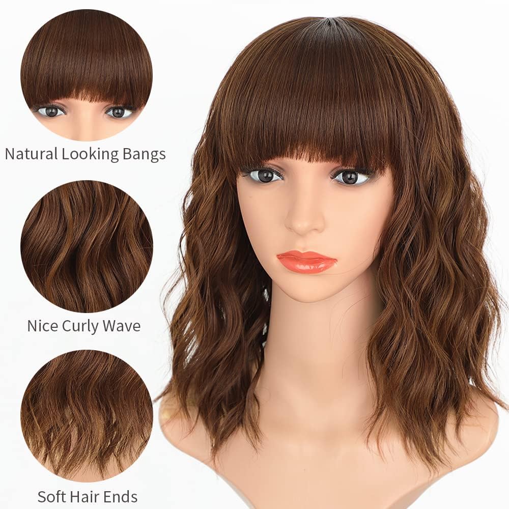 Aisi Hair Synthetic Wavy Curly Bob Wig With Bangs Ash Auburn Wig Short Bob Wavy Hair Wigs For Women Synthetic Heat Resistant Bob