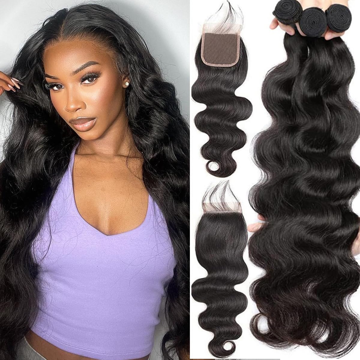 Brazilian Virgin Hair Extension Body Wave 3 Bundles with Transparent Lace Closures Pre Plucked with Baby Hair Ocean Wave Unproce