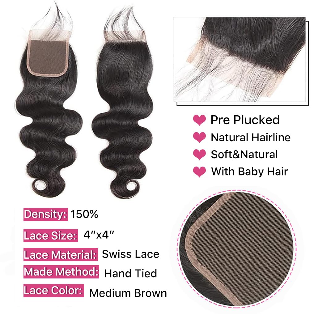 Body Wave Bundles And Closure (22 24 26 28+20,Free Part) Body Wave Bundles Human Hair With Closure 10A Brazilian Virgin Human Ha