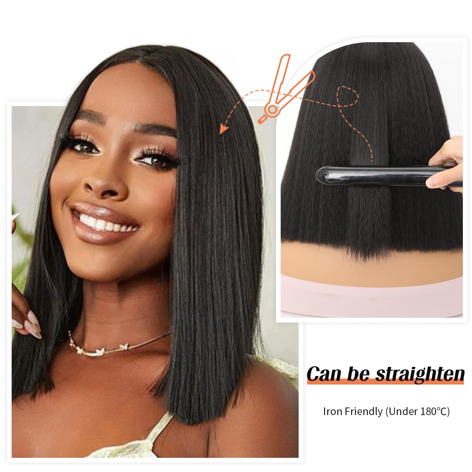 Wignee 12 Inches Kinky Straight Bob Wig Black Bob Yaki Wig Synthetic Bob Kinky Straight Wig For Black Women Short Kinky Wig (12