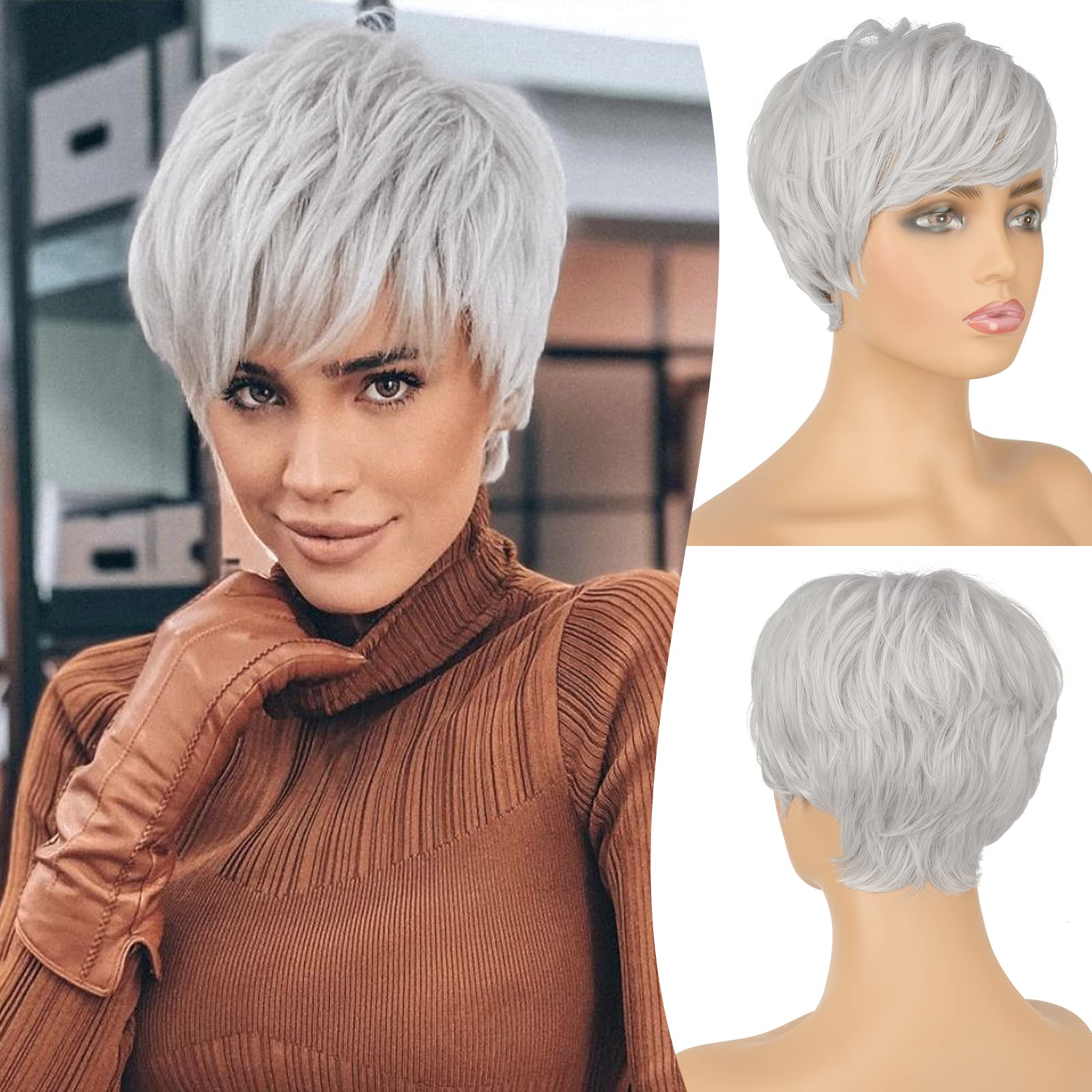 FESHFEN Pixie Cut Wigs Synthetic Platinum Grey Short Pixie Haircut Wig with Bangs Glueless Layered Wavy Granny Gray Wigs for Wom