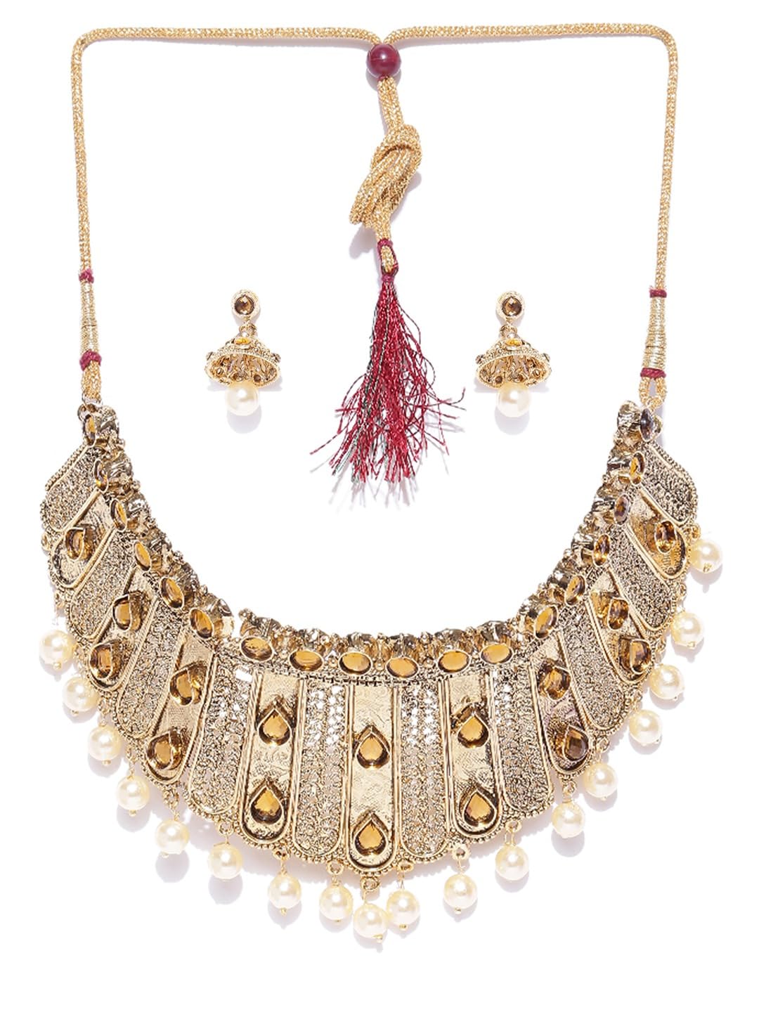 Zaveri Pearls Gold Tone Royal Look Traditional Choker Necklace & Earring Set For WomenZpfk18577