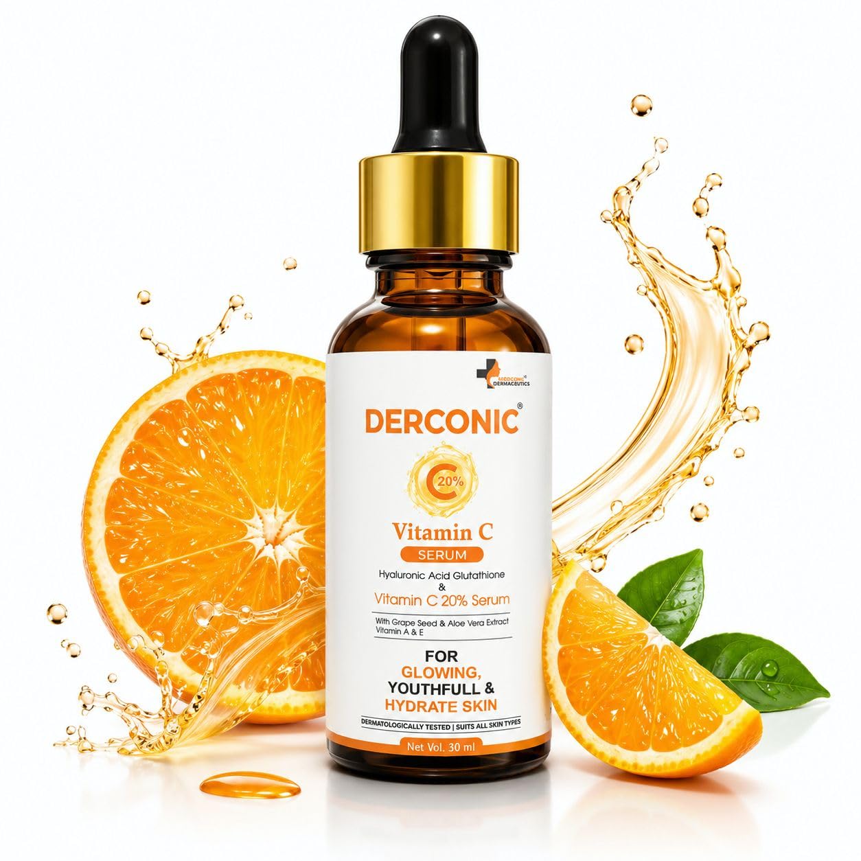 Derconic 20% Vitamin C Face Serum For All Skin Types | Brightening & Hydrating Formula | Reduces Dark Spots & Dull Skin | Glowin