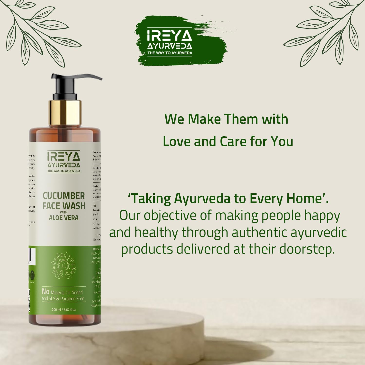 Ireya Ayurveda Cucumber Aloe Vera Face Wash 200ml (6.76oz) Face Wash for men and women Made With Cucumber extract & Aloe vera ge