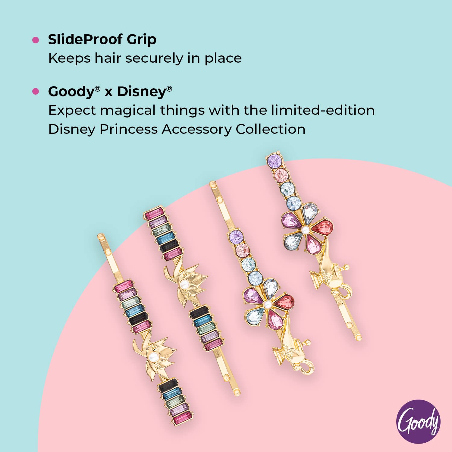 GOODY Bobby Pins - 4 Count, Disney Princess, Jasmine - Slideproof Rhinestone Bobbies - Hair Accessories for Men, Women, Boys & G