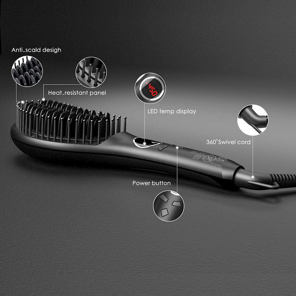 Hair Straightener Brush, Ceramic Ionic Straightening Iron Comb Anti-Scald, Best Soft Round Touch Body, Perfect for Professional