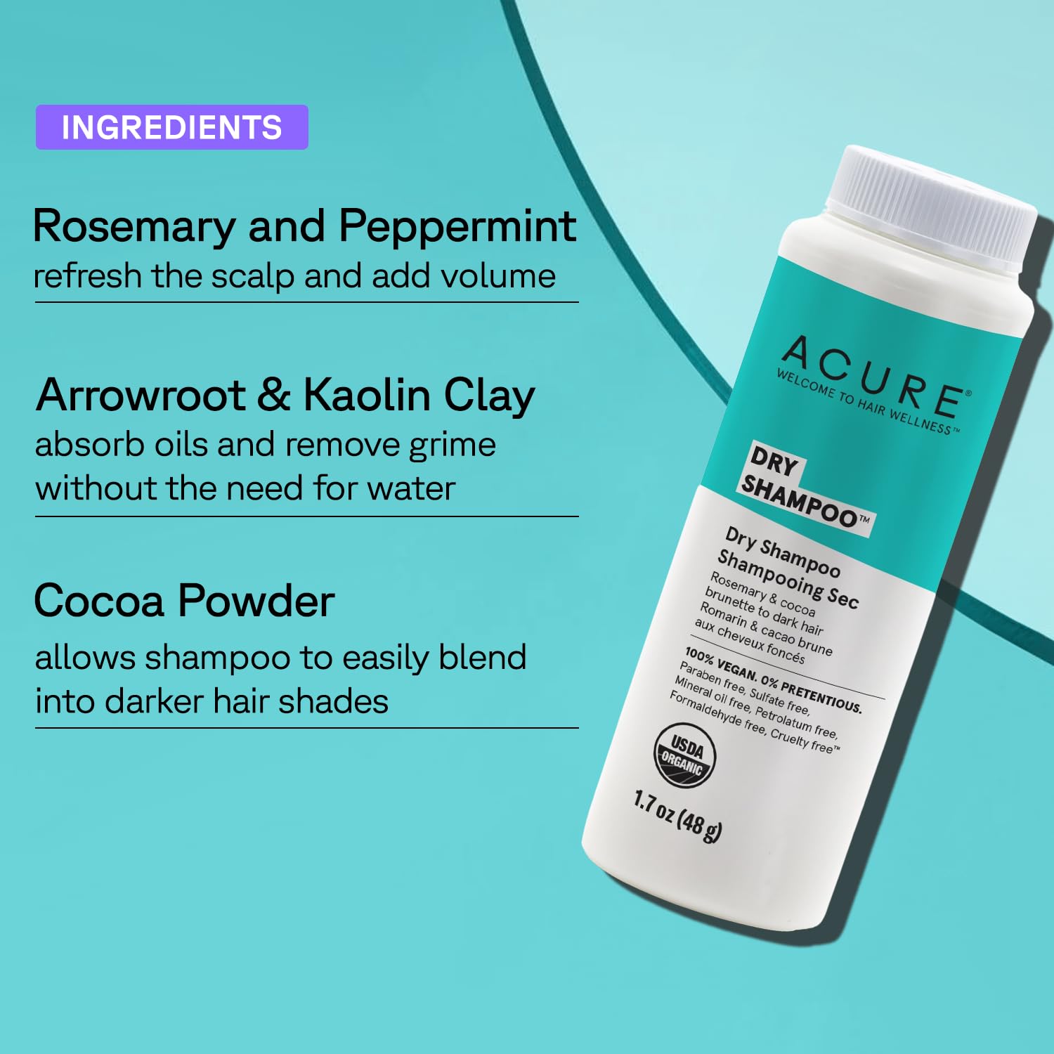Acure Dry Shampoo - Brunette To Dark Hair | 100% Vegan | Certified Organic | Performance Driven Hair Care | Cocoa & Rosemary - A