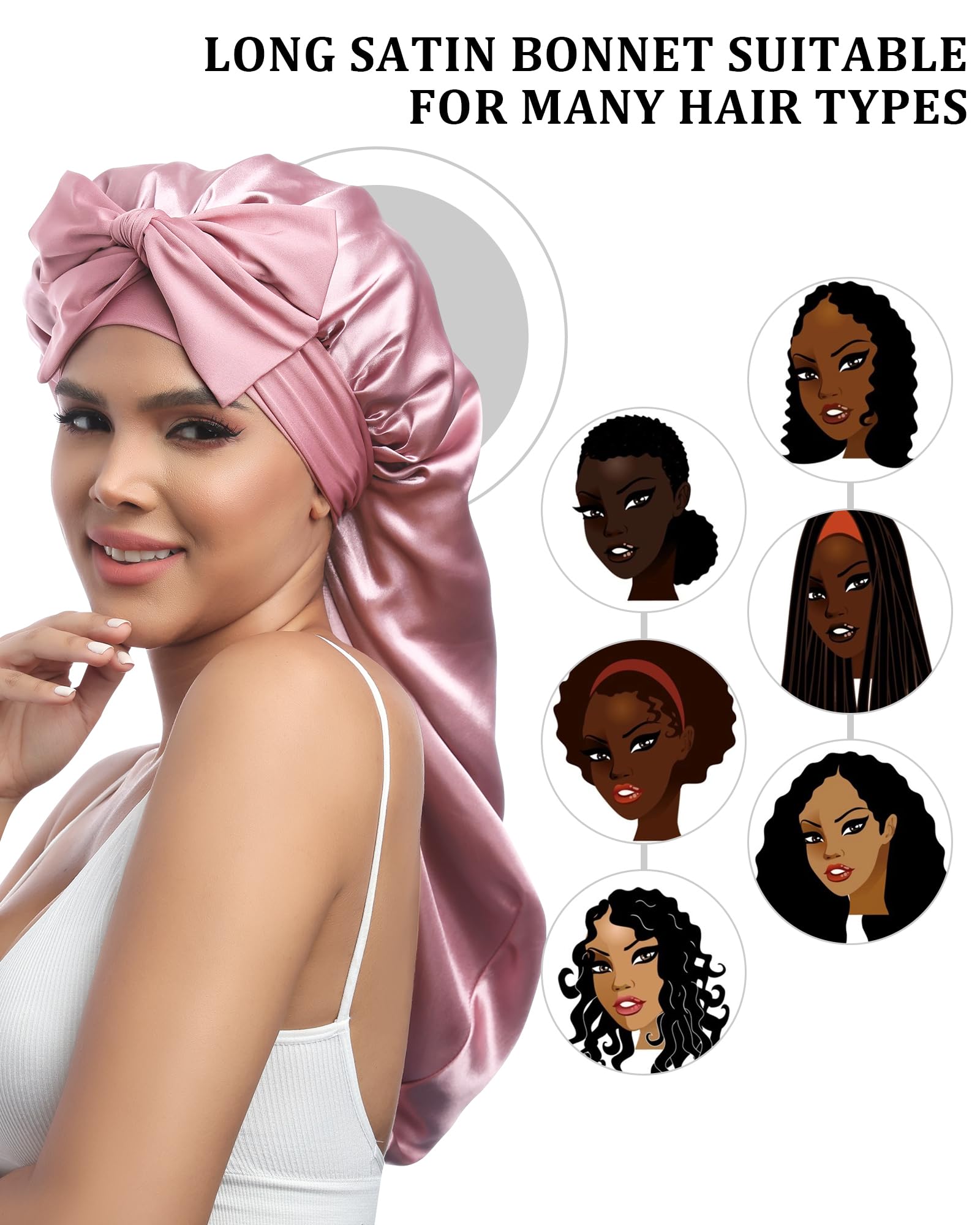 Awaytr Long Satin Bonnet For Sleeping - Double Layer Reversible Silk Bonnet For Long Hair Women Sleeping Cap With Tie Band (Rose
