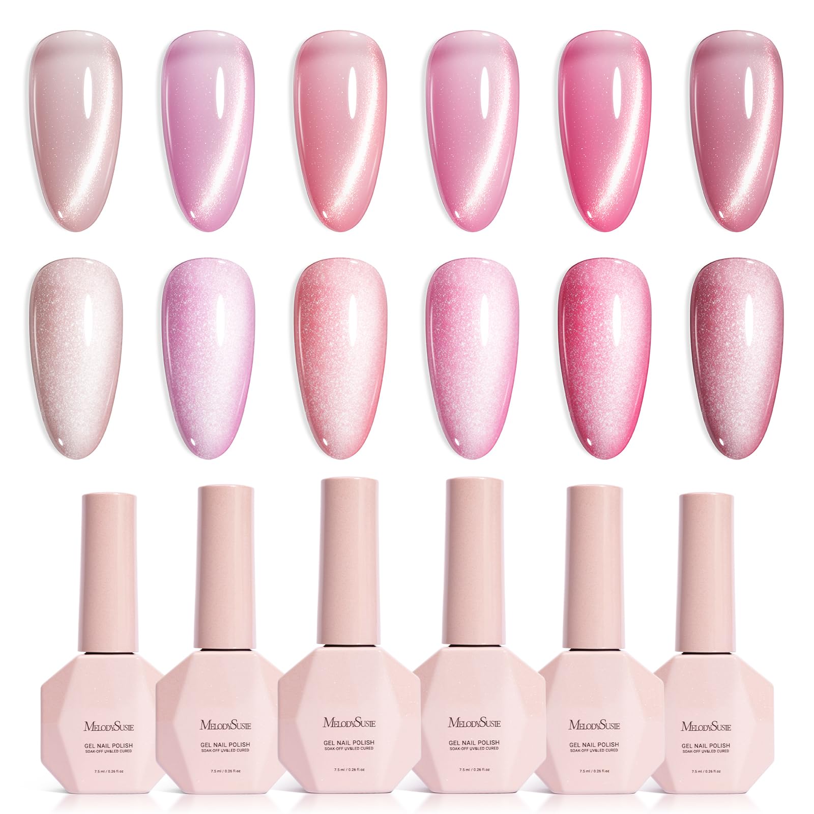 MelodySusie Pink Gem Cat Eye Gel Set Cat Eye Gel Nail Polish Set 6 Pcs, 0.26 Fl Oz Glitter Holographic Magnetic Nail Polish with