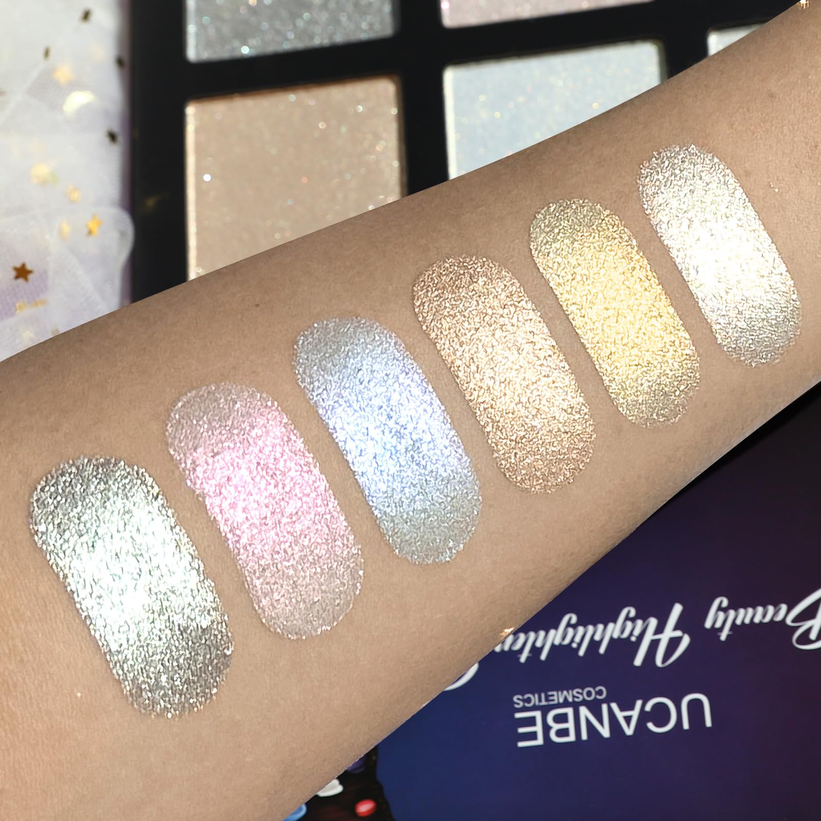 UCANBE Beauty Highlighter Palette - 6 Shimmery Colors, 0.8 oz, Waterproof Face Illuminator, Blush & Bronzer Kit