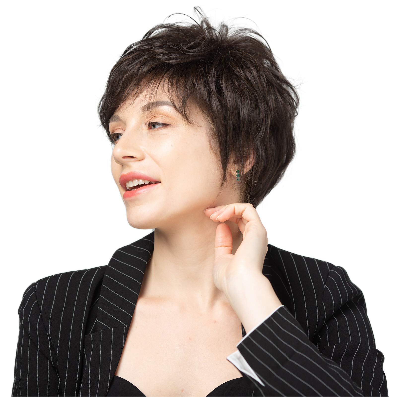 EMMOR Short Dark Brown Blend Human Hair Wigs for Women and Lady - Natural Hair Pixie Cut Wig With Bang, Daily Use (Color 6#)