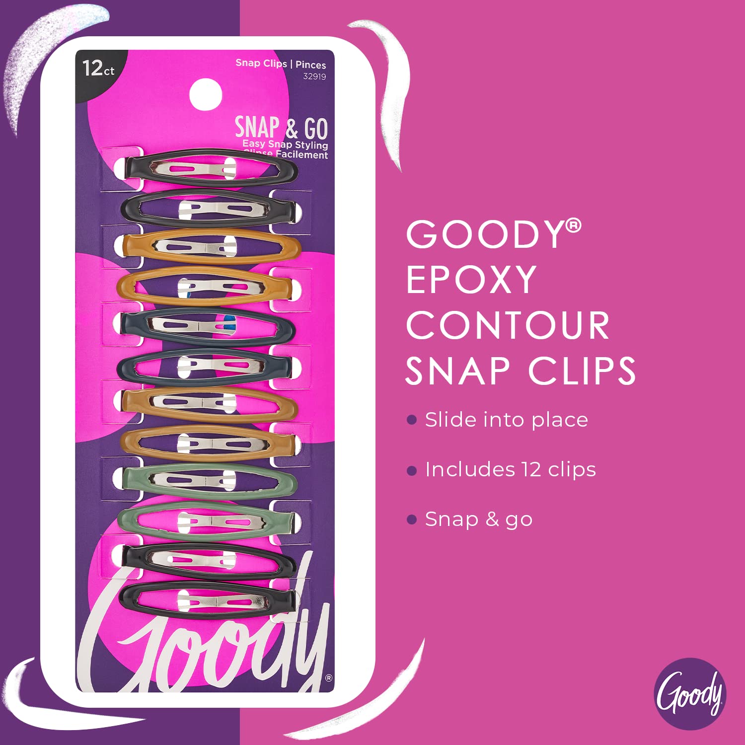Goody Epoxy Contour Hair Snap Clips - 12 Count, Assorted Colors - Just Snap Into Place - Suitable For All Hair Types - Pain-Free