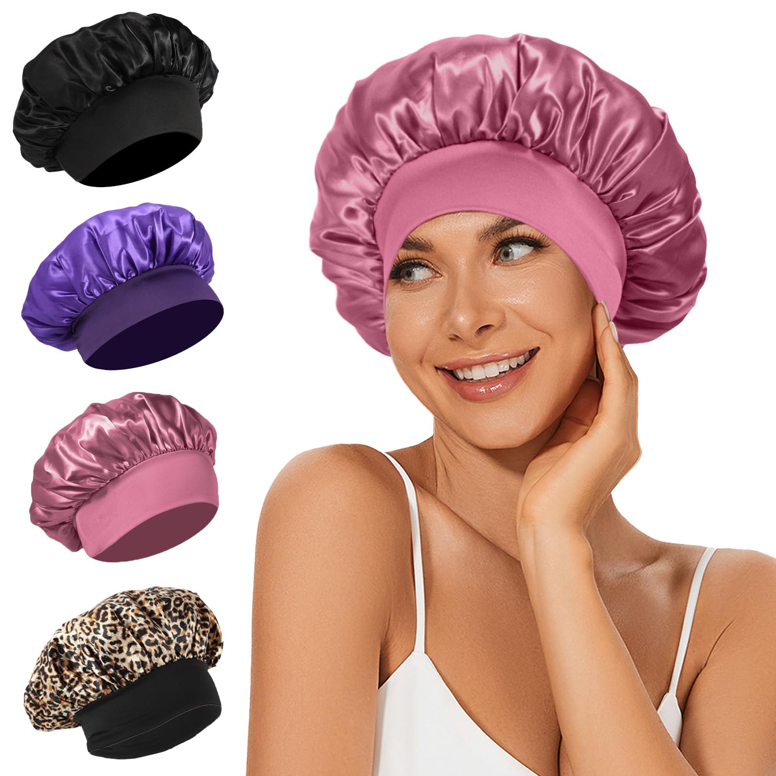 4Pcs Satin Bonnet Silk Bonnet, Hair Bonnet for Sleeping, Elastic Wide Band Silk Sleep Cap, Soft and Breathable Silk Hair Wrap fo