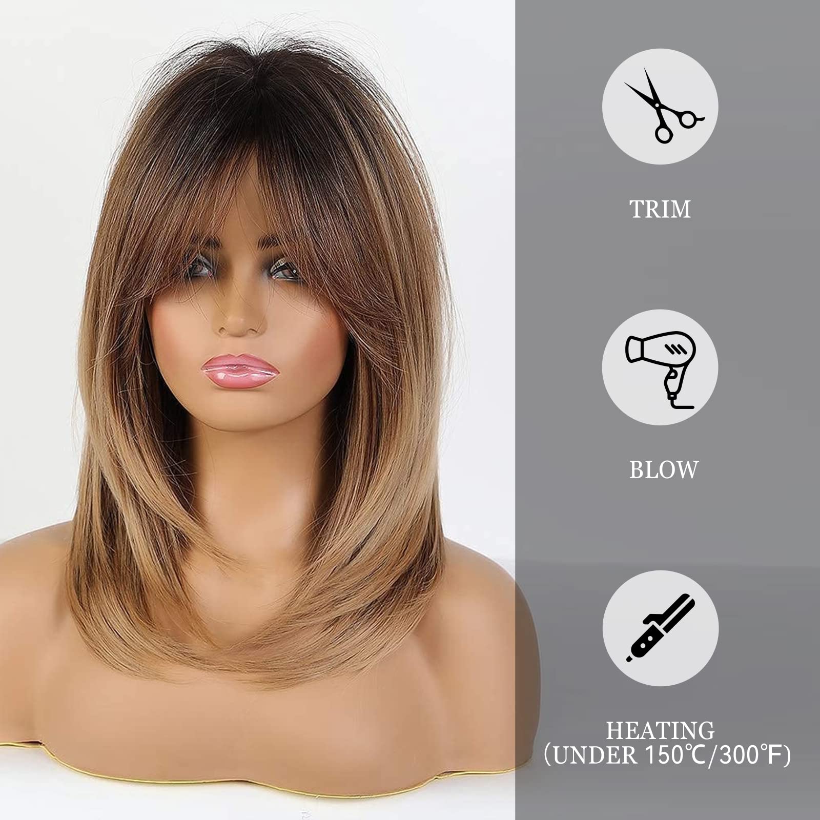 HAIRCUBE Ombre Brown Wigs for Women Shoulder Length Wigs Charming Long Curly Wigs with Bangs Daily Use
