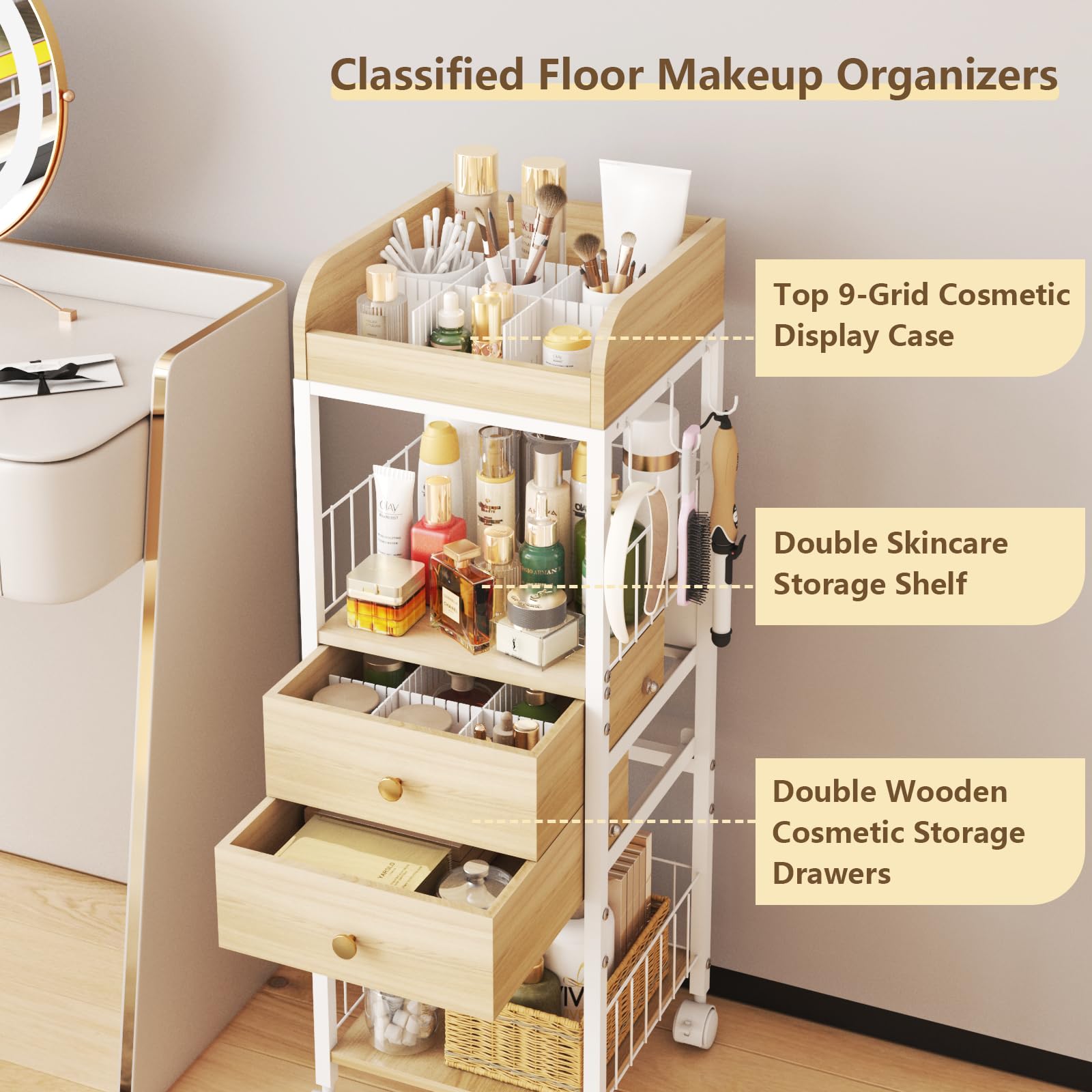 DONGRONG Makeup Organizer Cart, Rolling Floor Skincare Organizer and Storage with 2 Wooden Drawers, Cosmetics Display Cases Hold