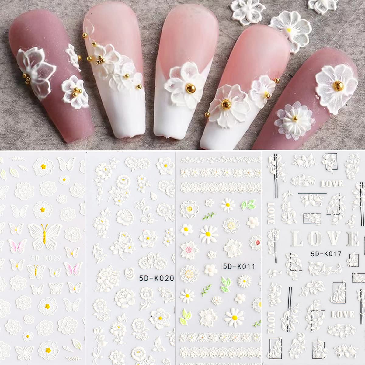 5D Embossed Flower Nail Art Stickers, 6 Sheets Self-Adhesive Nail Sticker Decals,Luxury Hollow Exquisite Pattern Spring Daisy Le
