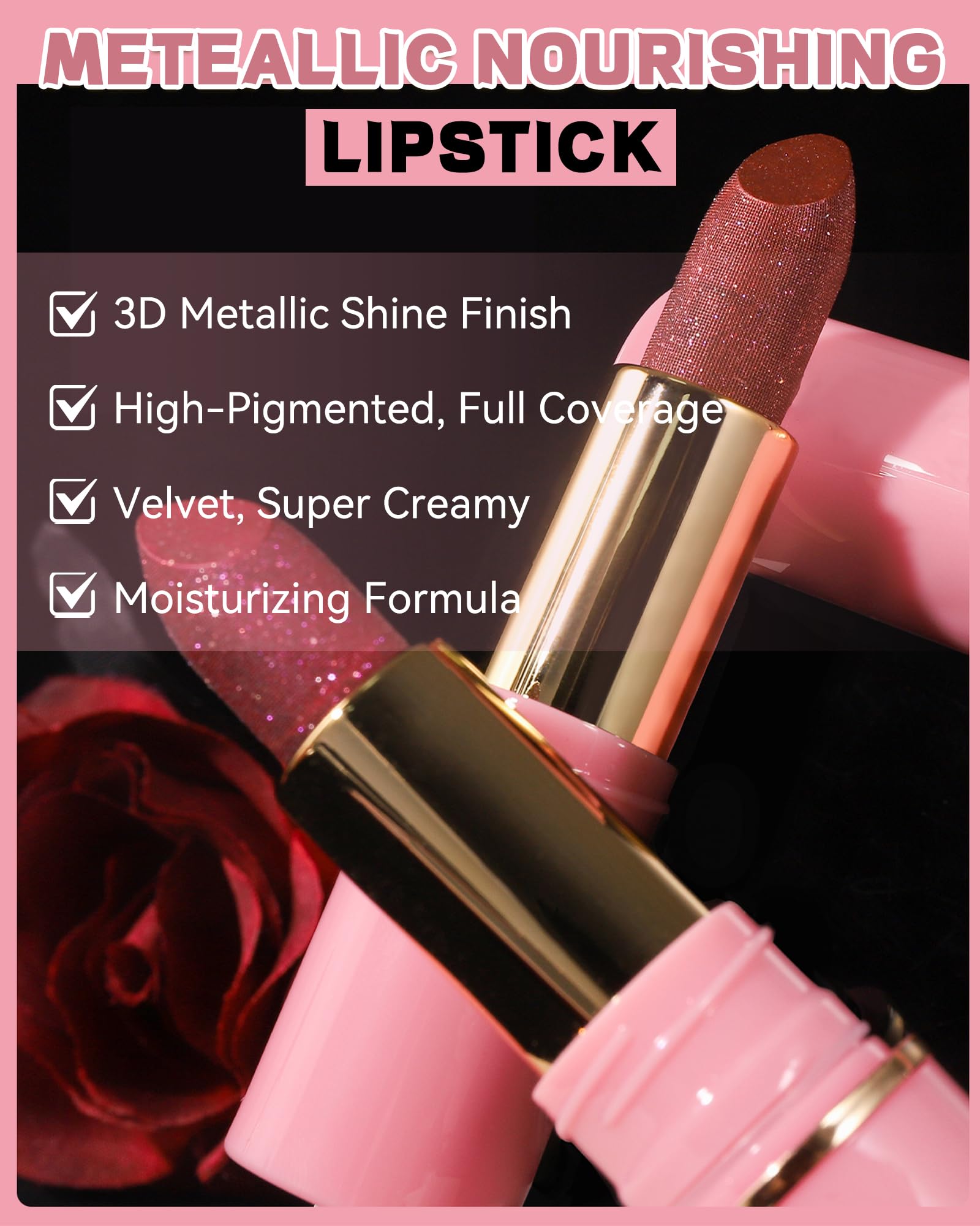 Diamond Glitter Matte Lipstick,Gold Pink Metallic Shimmer Lip Gloss Lip Tint,Longlasting Waterproof Non-Stick Lip Color,Full Cov