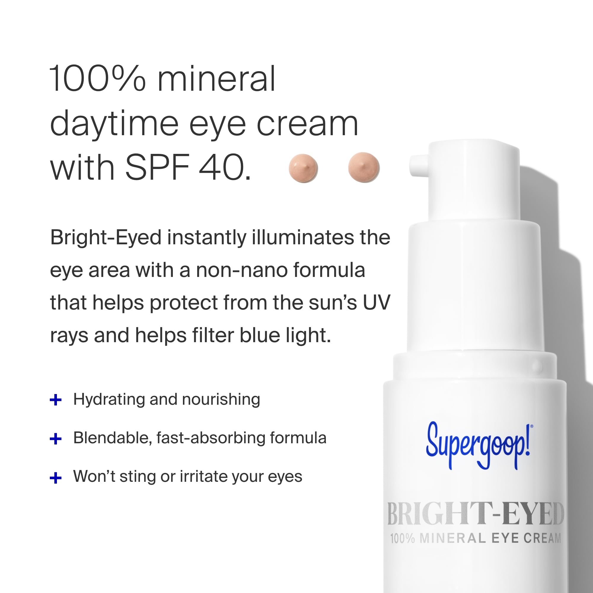 Supergoop! Bright-Eyed 100% Mineral Eye Cream, 0.5 Fl Oz - Spf 40 Pa+++ Hydrating & Illuminating Mineral Sunscreen - Under Eye C