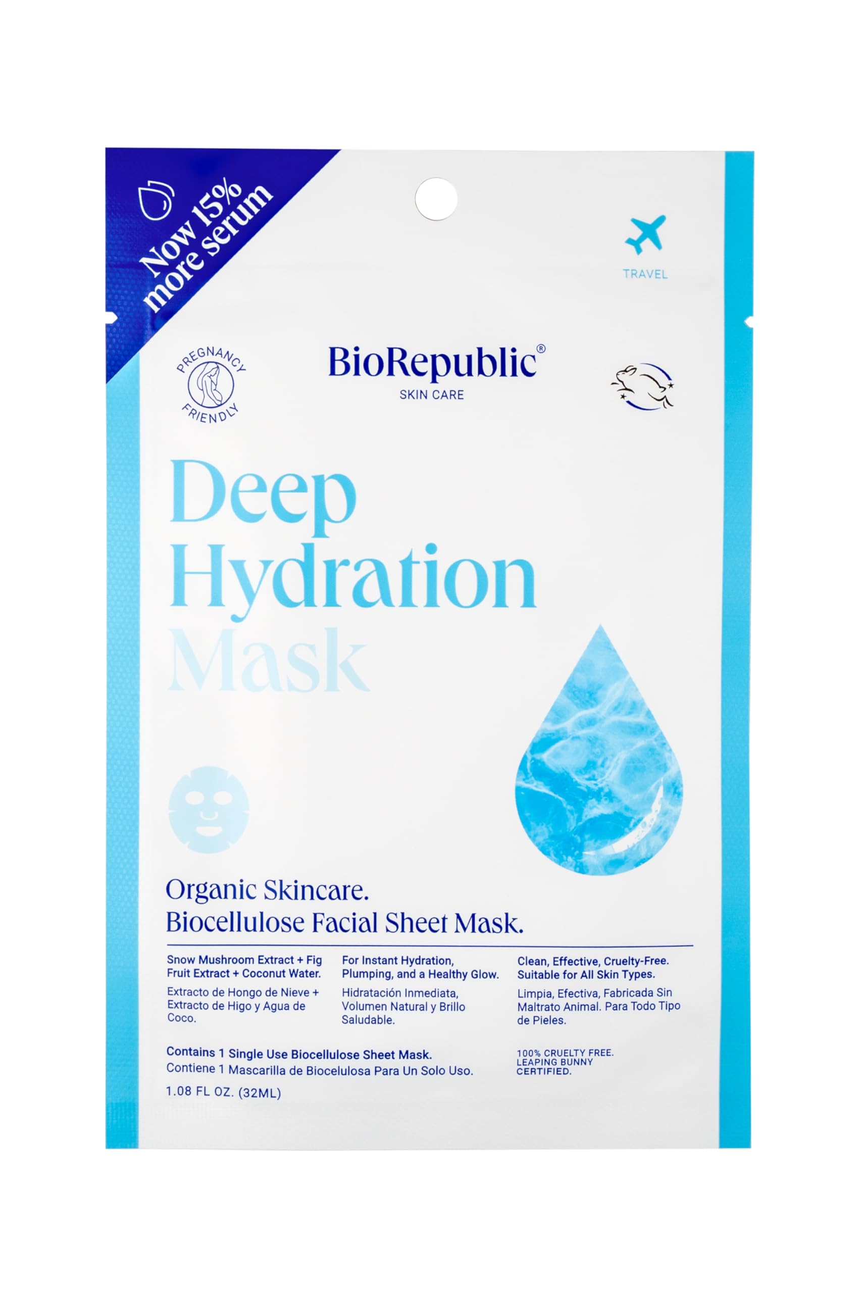 BioRepublic Deep Hydration Vegan Sheet Mask  Single Organic Biocellulose Face Mask with Snow Mushroom, Fig Fruit & Coconut Wate