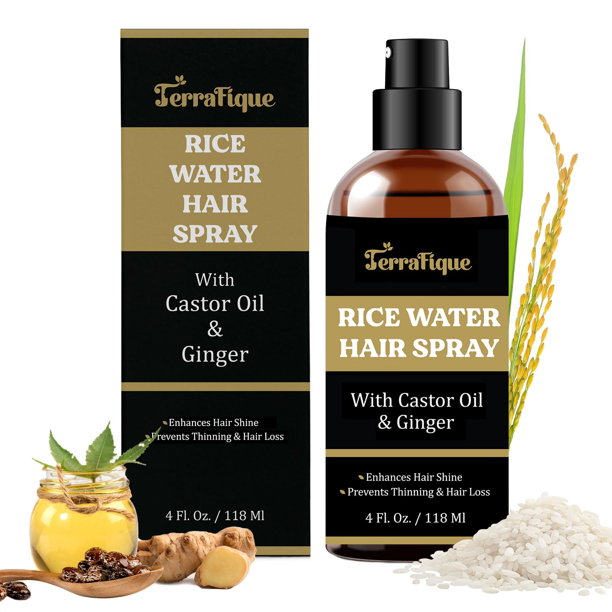 TERRAFIQUE Rice Water Hair Shine Spray for Women - Leave-In Conditioner with Castor & Ginger for Hair Growth, All Hair Types - 4