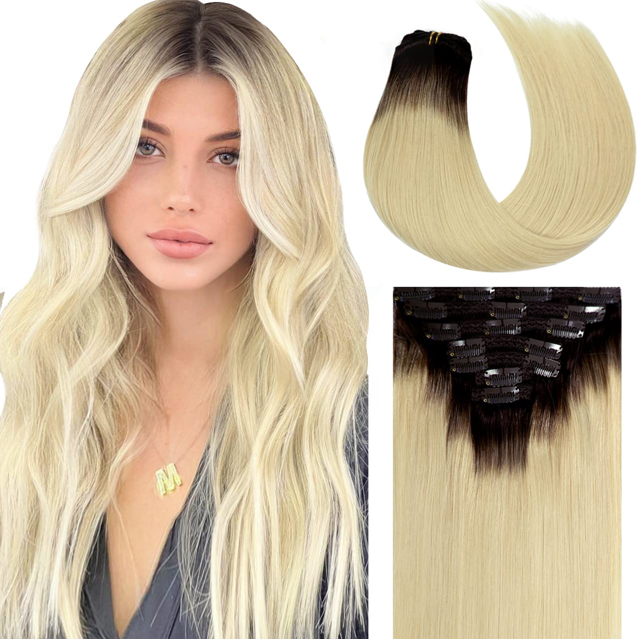 Lacer Blonde Clip in Hair Extensions Platinum Blonde with Dark Brown Roots Human Hair Extensions Clip Ins 16 Inch 7pcs 120g
