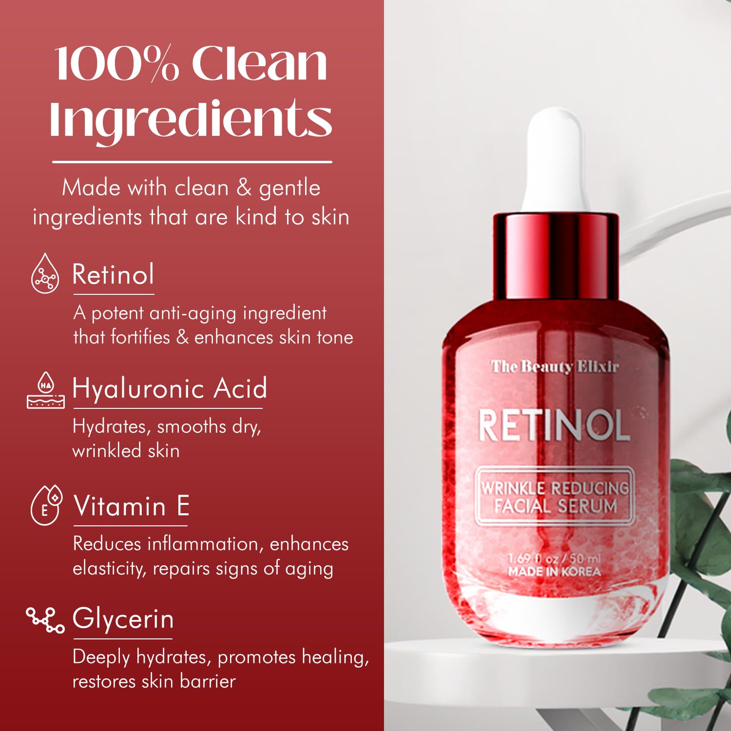Retinol Serum For Face - Anti Aging, Lifting, Replenishing & Moisturizing Korean Facial Serum - Reduces Wrinkles, Fine Lines & C