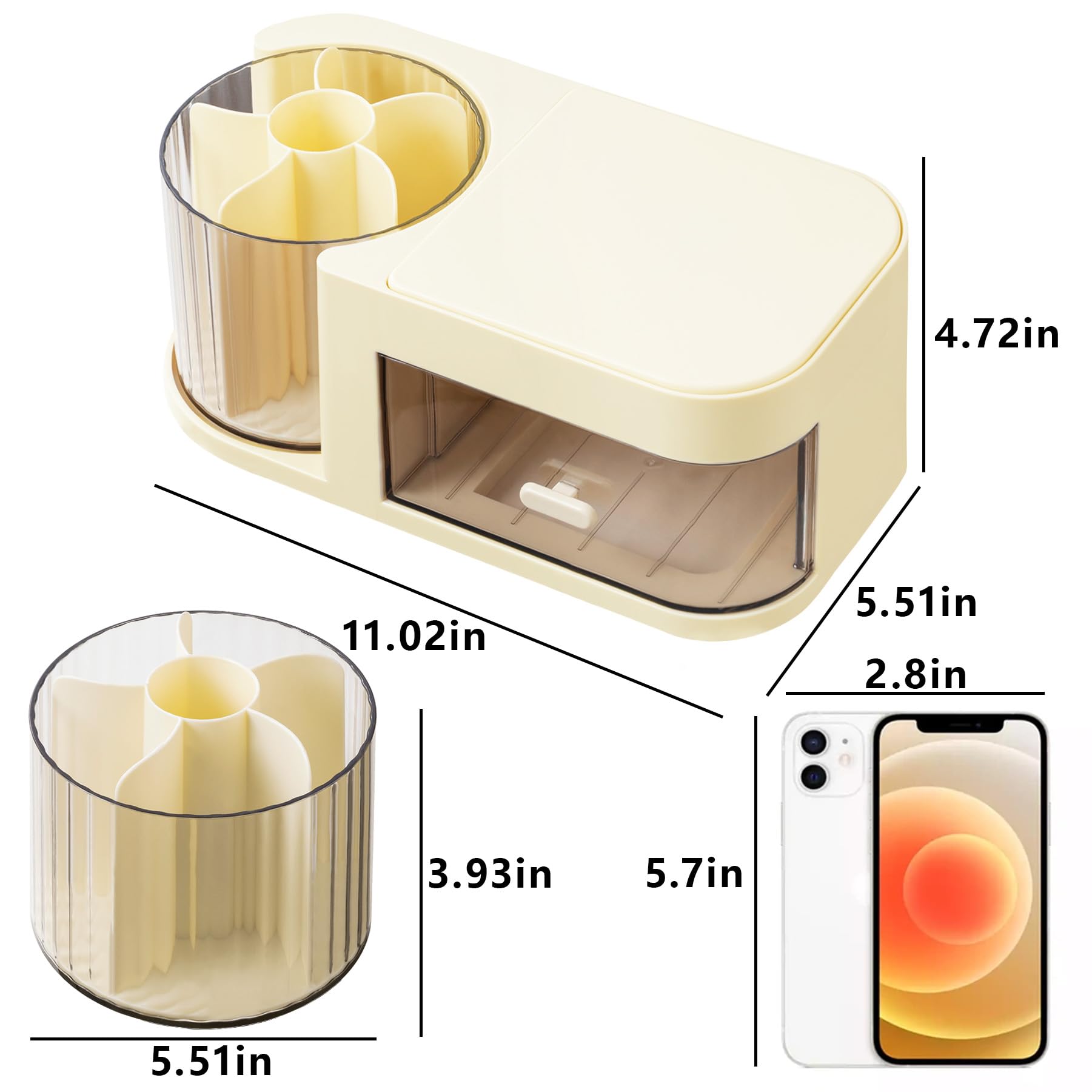 Moikiwi Makeup Organizer, 360-Degree Rotating Desk Organizers With Lid, Cosmetic Display Case With Drawer, Art Supply Storage Bo
