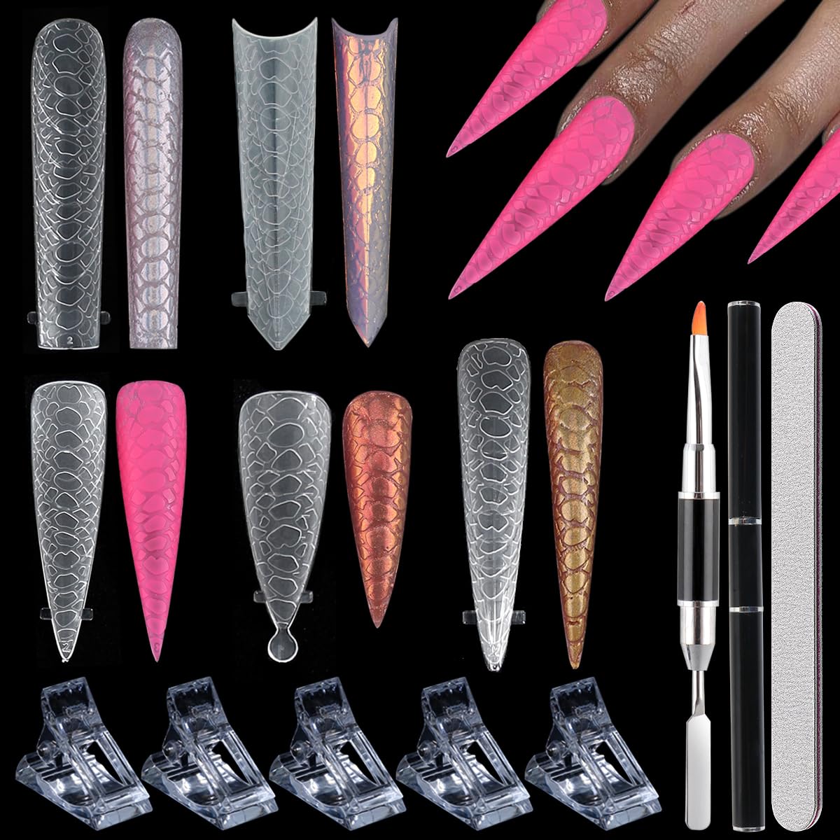 Fcozpjk Dual Forms for Polygel, 300PCS 3D Snake Skin Pattern Nail Forms for Builder Gel Reusable Full Cover Soft Clear Poly Gel 