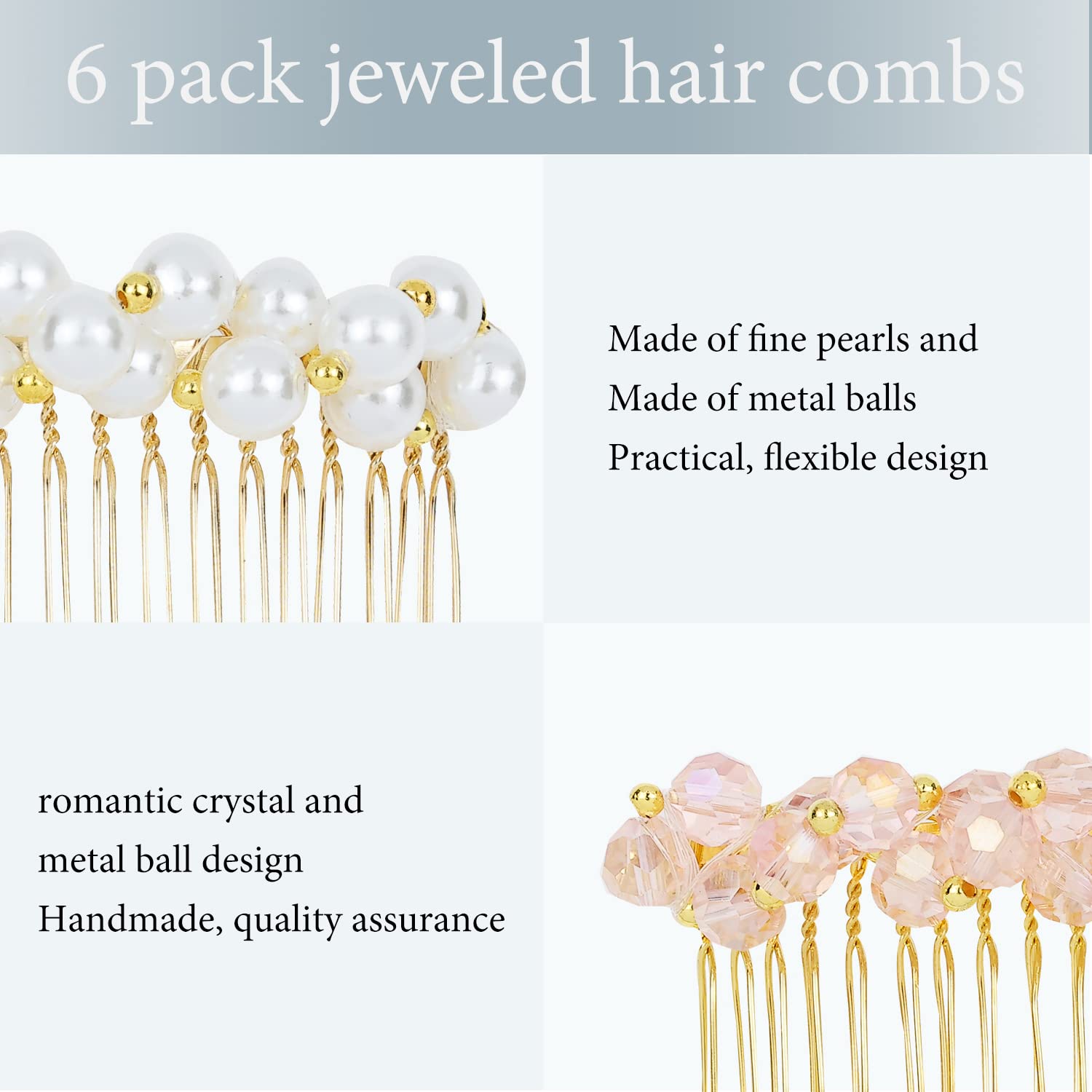 Lawie 6 Pack Luxury Fancy Jeweled Gems Crystal Diamond Pearl Rhinestone Glitter Sparkly Decorative Metal Side Hair Combs Teeth S